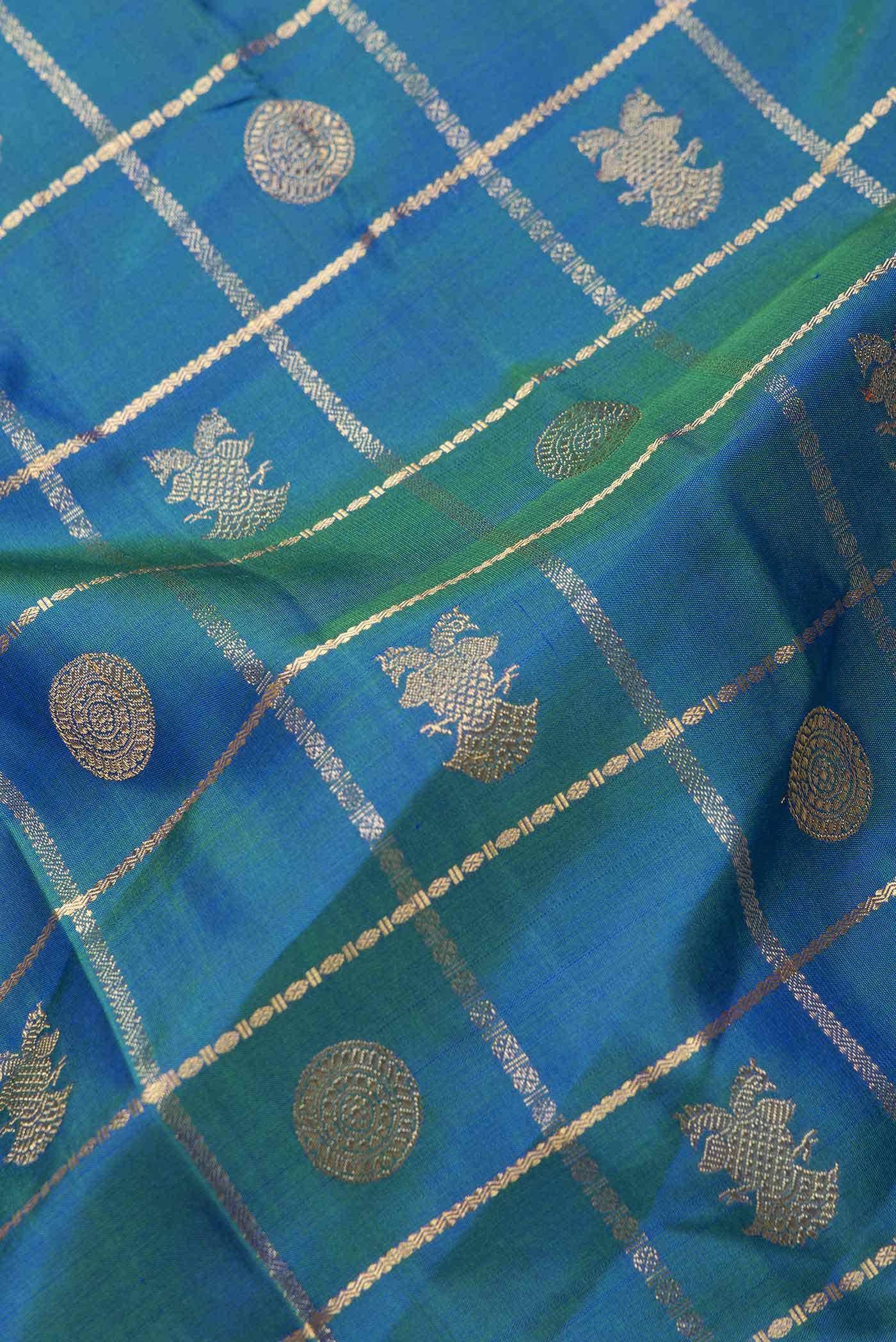 Pure Silk Pure Zari Peacock Blue Dual Tone Kanchipuram Saree