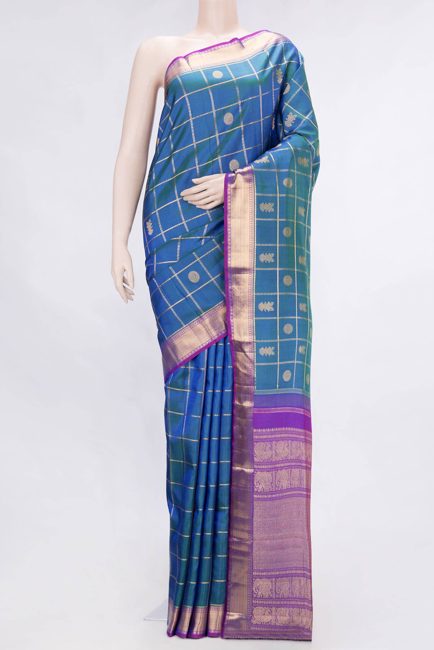 Pure Silk Pure Zari Peacock Blue Dual Tone Kanchipuram Saree