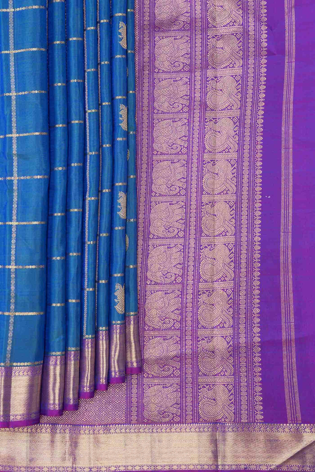 Pure Silk Pure Zari Peacock Blue Dual Tone Kanchipuram Saree