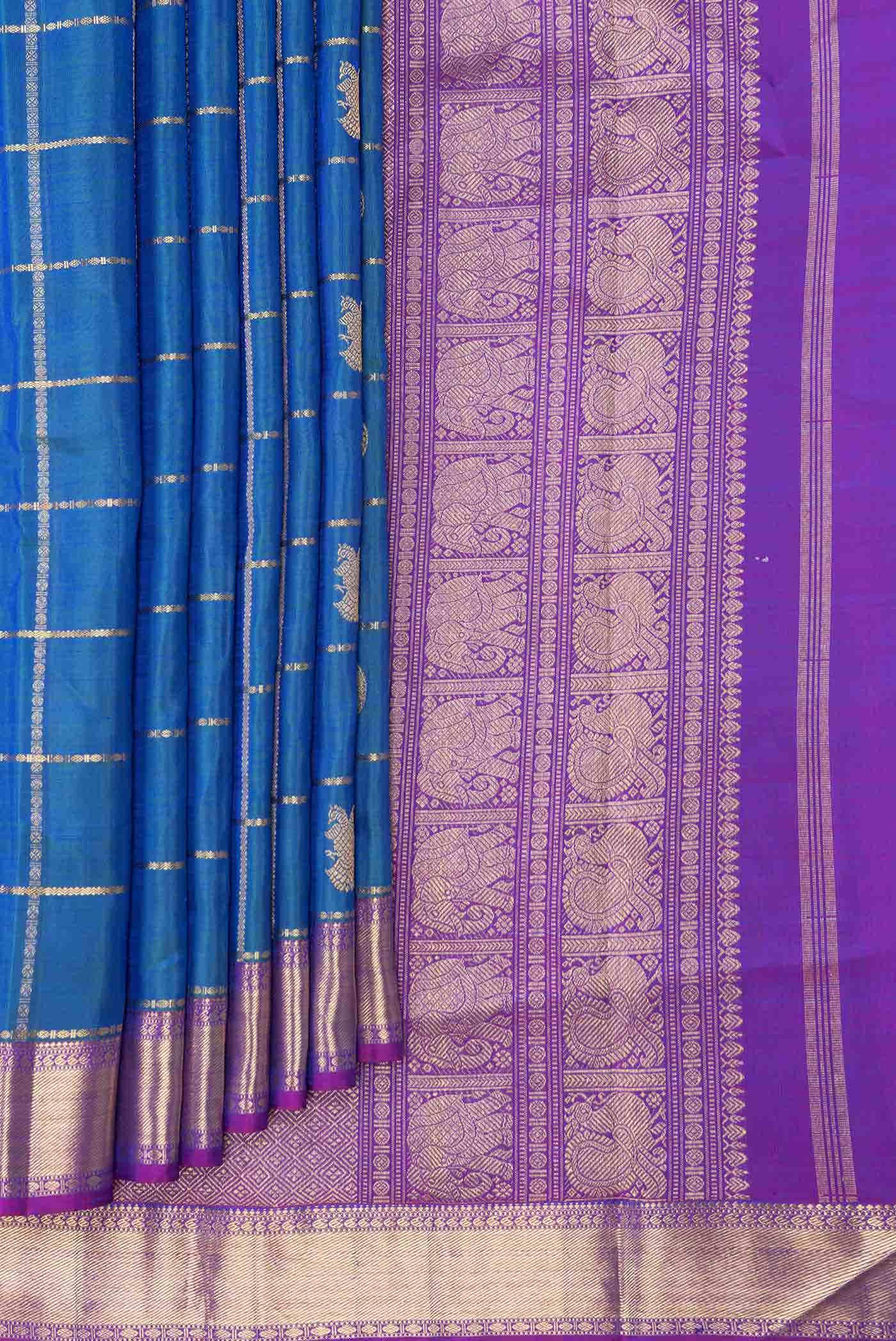 Pure Silk Pure Zari Peacock Blue Dual Tone Kanchipuram Saree