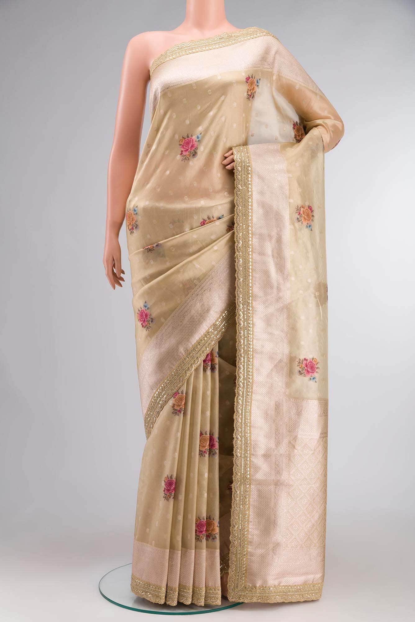 Beige Blended Tissue Silk Saree