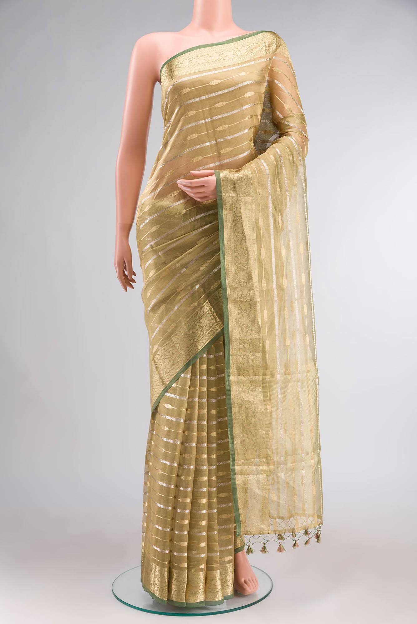 Gold with Green Dual Tone Tissue Silk Saree