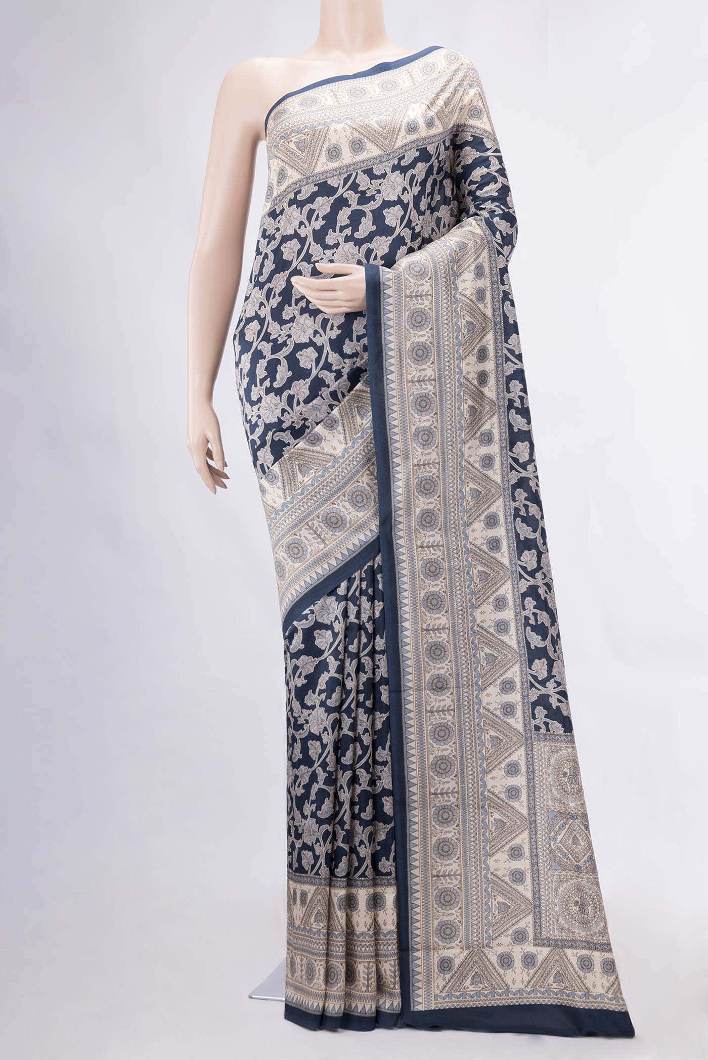 Navy Blue Printed Silk Saree