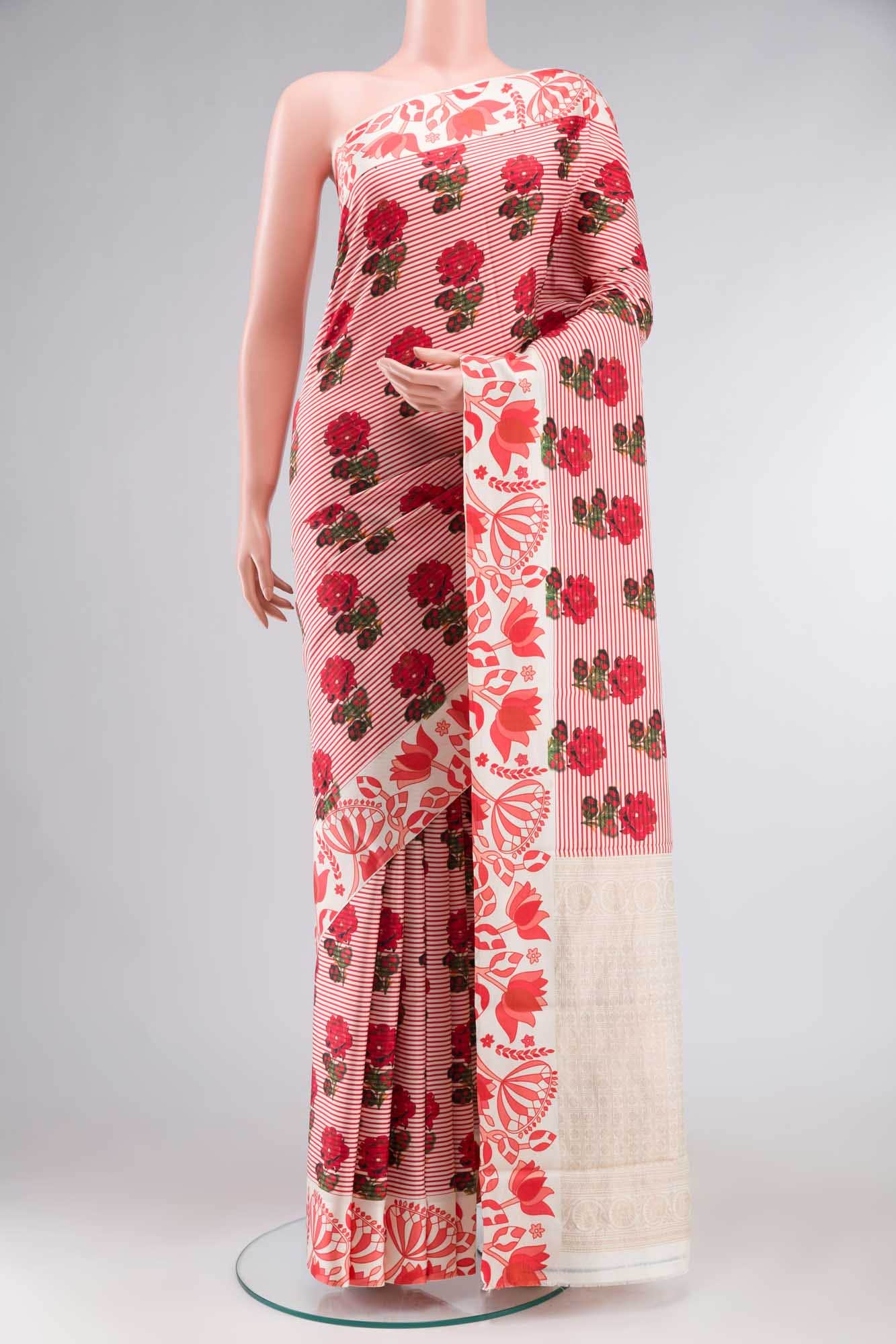 Cream Printed Silk Saree