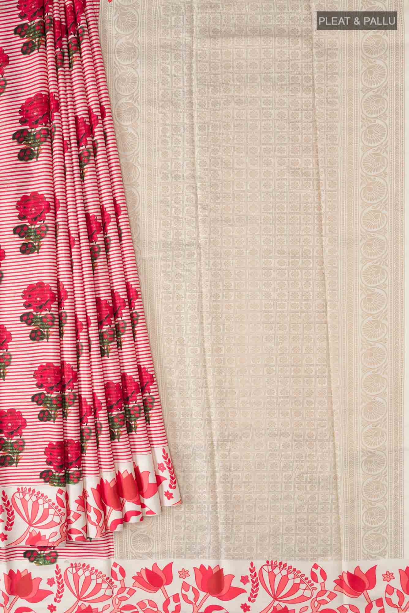 Cream Printed Silk Saree