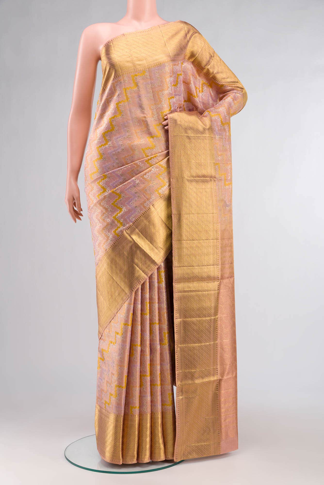Pure Silk Pure Zari Pink With Laveder Dual Tone Kanchipuram Tissue Saree
