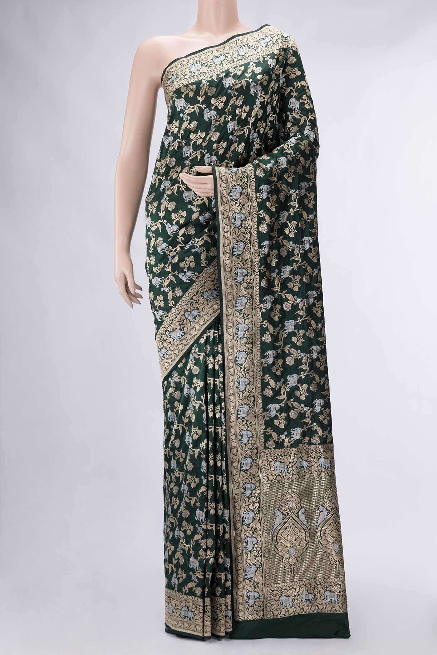 Bottle Green Dual Tone Banarasi Silk Saree
