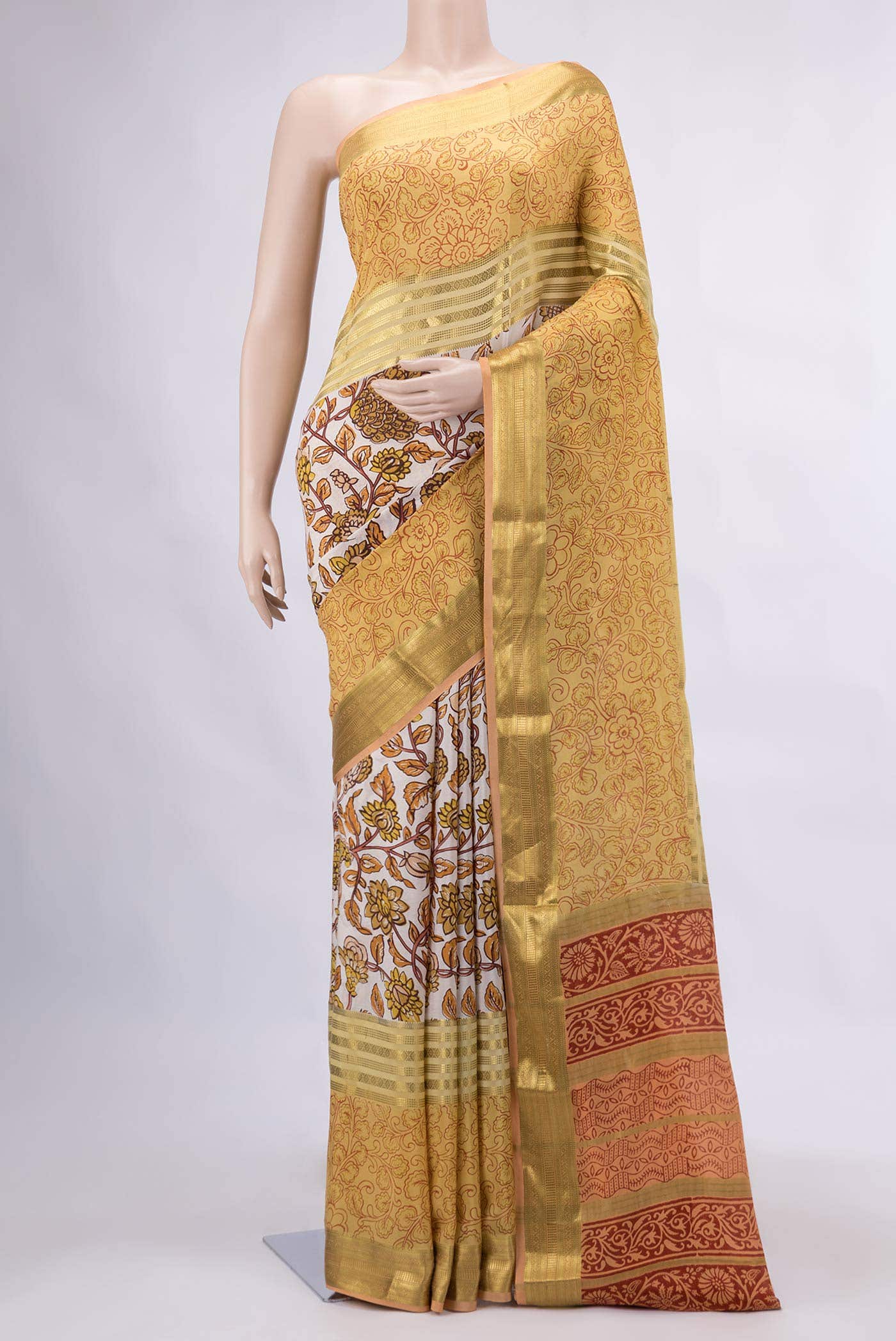 Off White and Orange Dual Tone Mysore Crepe Saree