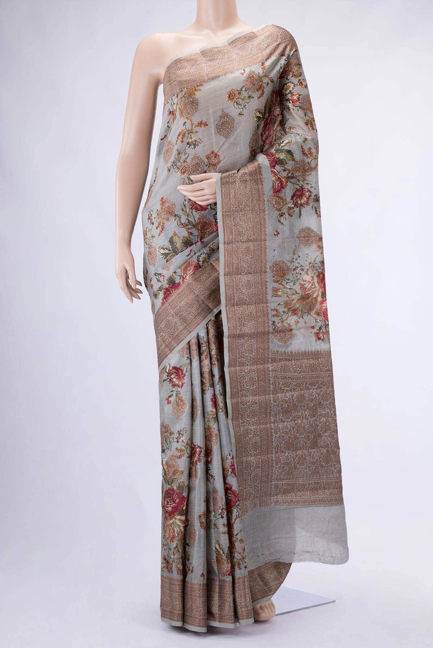 Grey Tussar Silk Saree