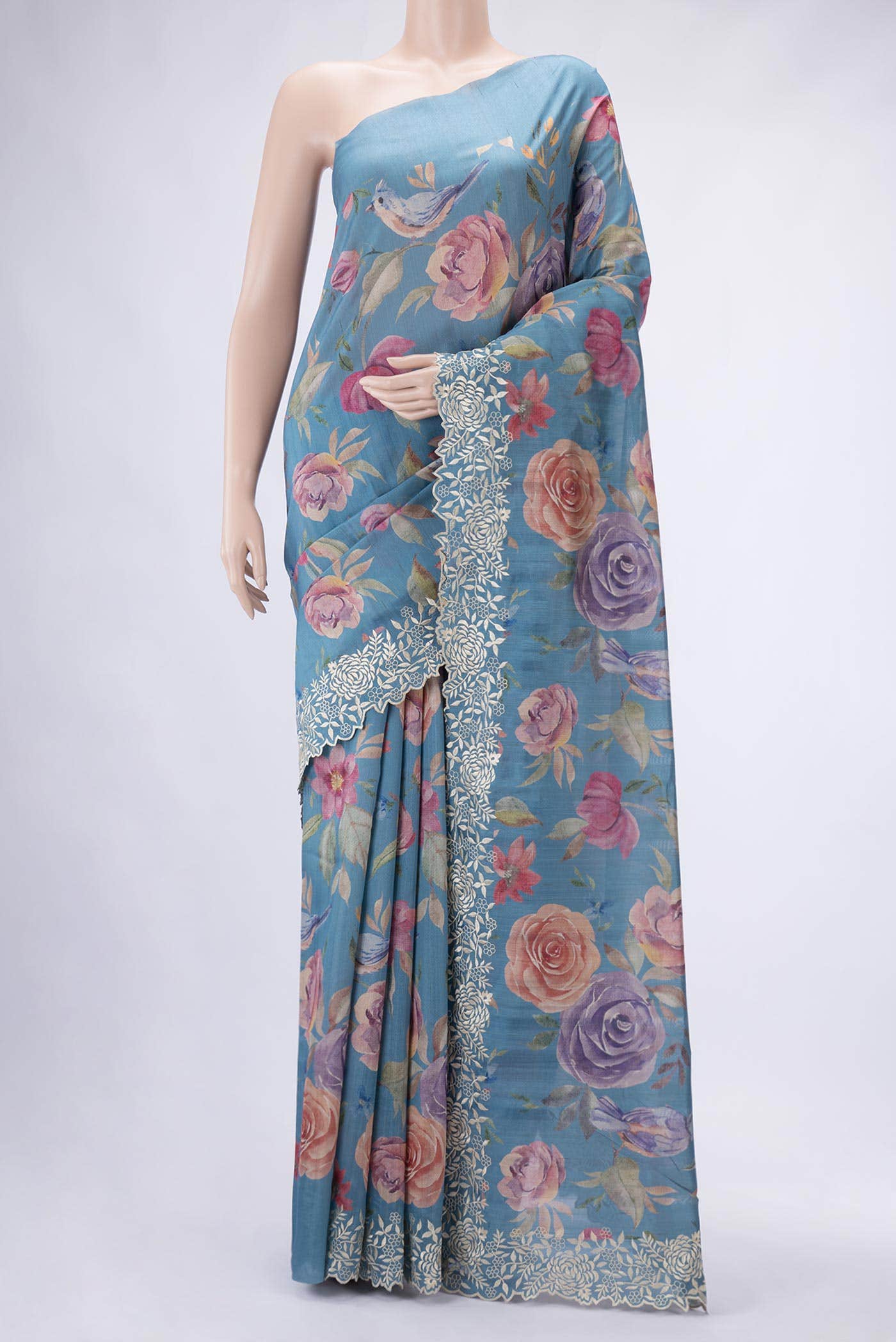 Blue Blended Tussar Silk Saree
