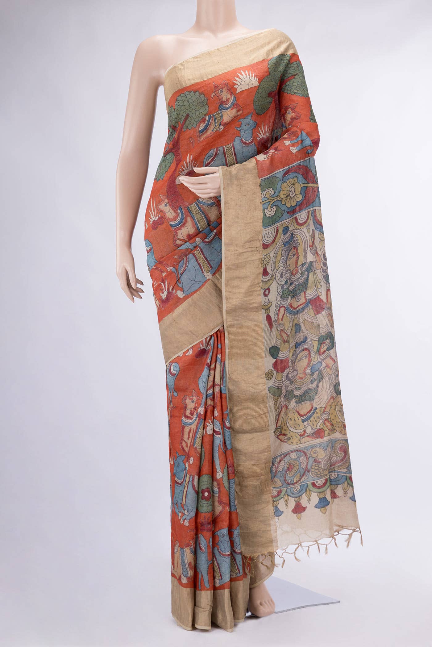 Brick Orange Tussar Silk Saree