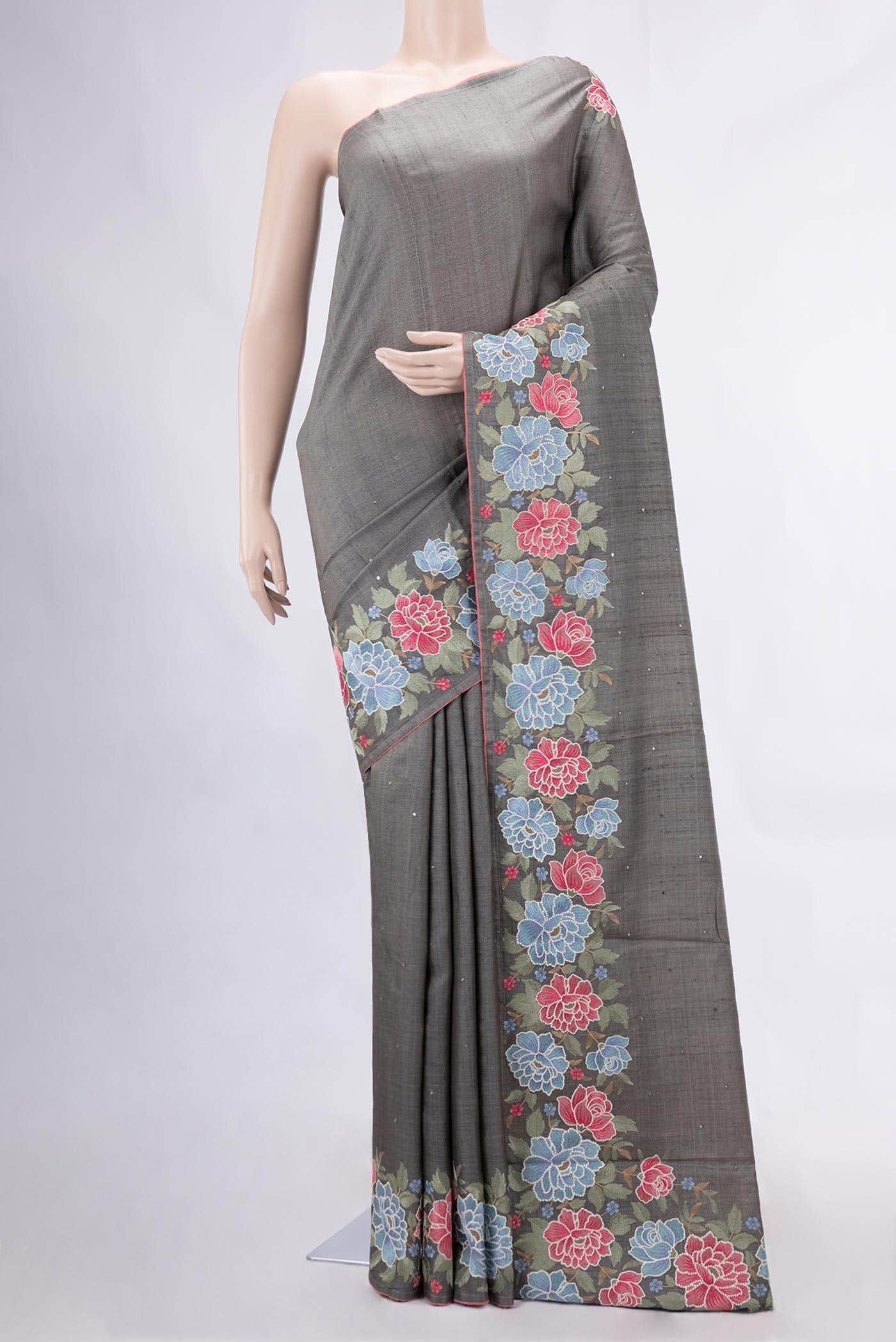 Grey Tussar Silk Saree