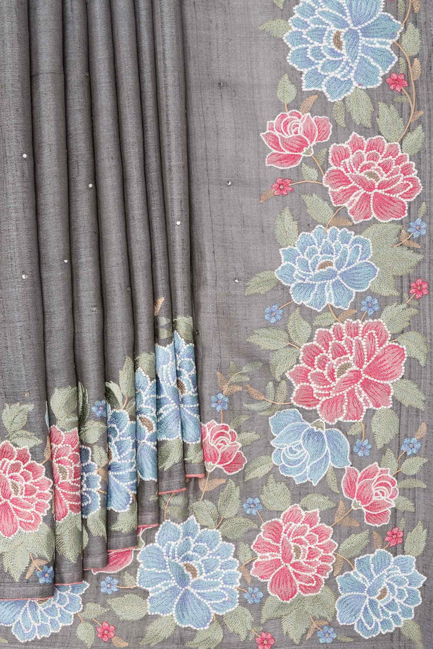 Grey Tussar Silk Saree