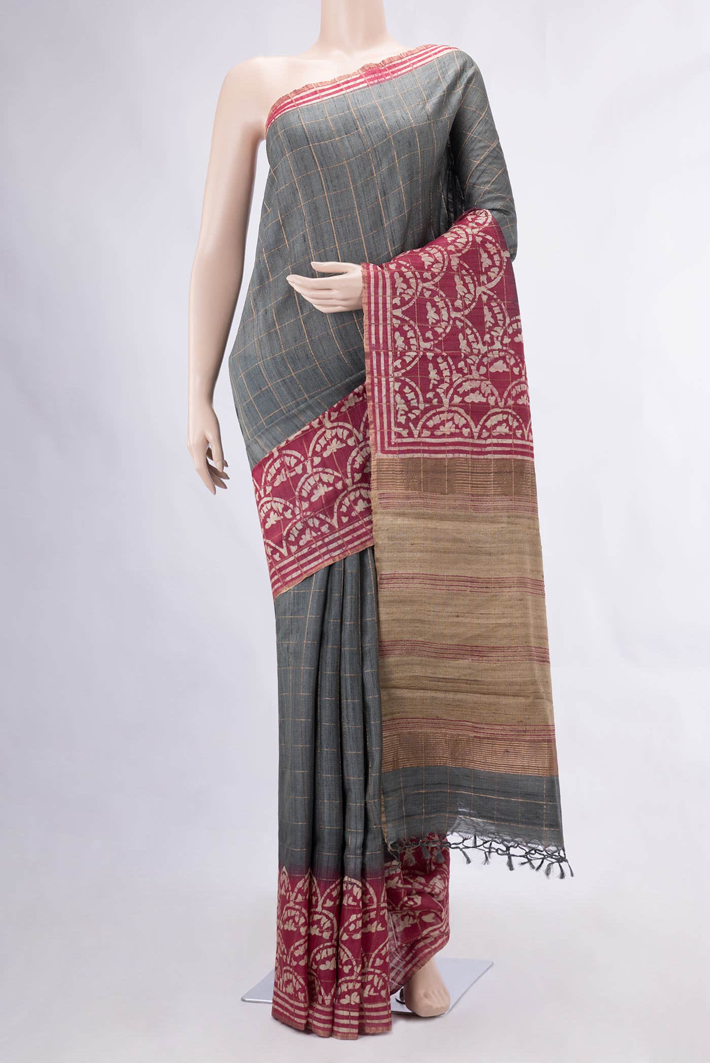 Grey Tussar Silk Saree