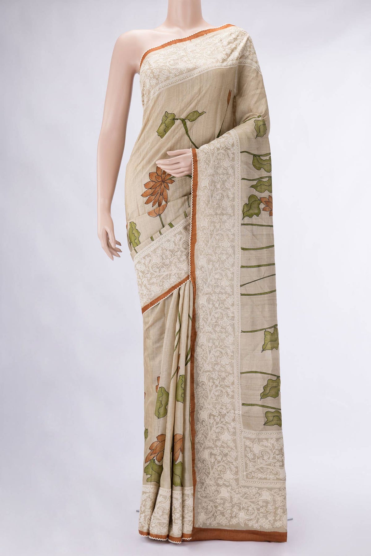 Beige Tussar Silk Saree