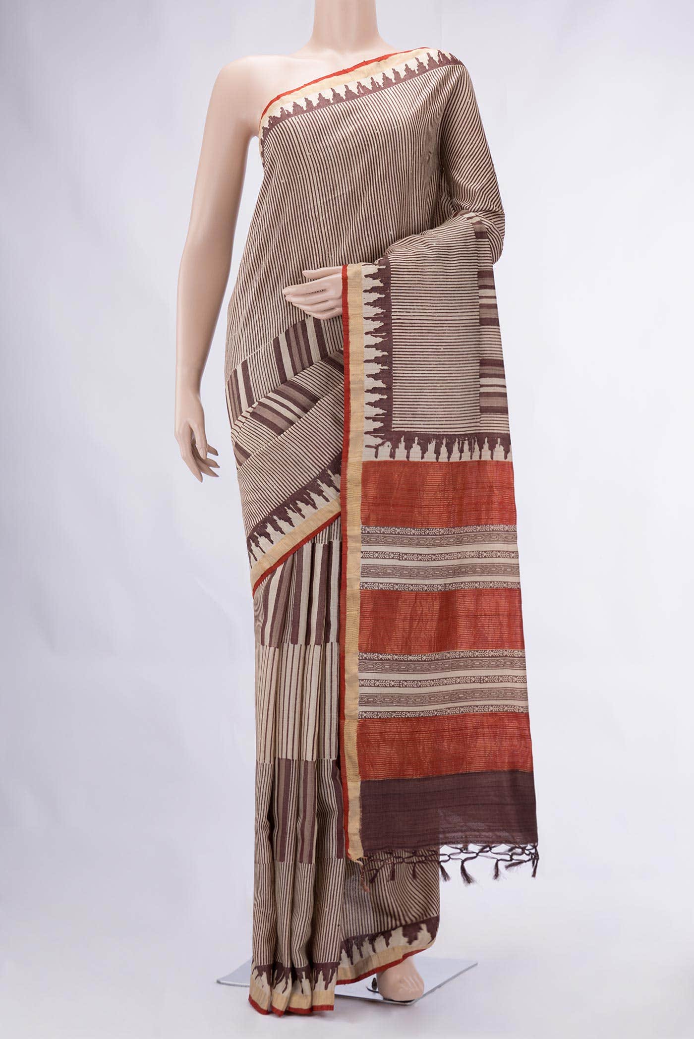 Beige Tussar Silk Saree