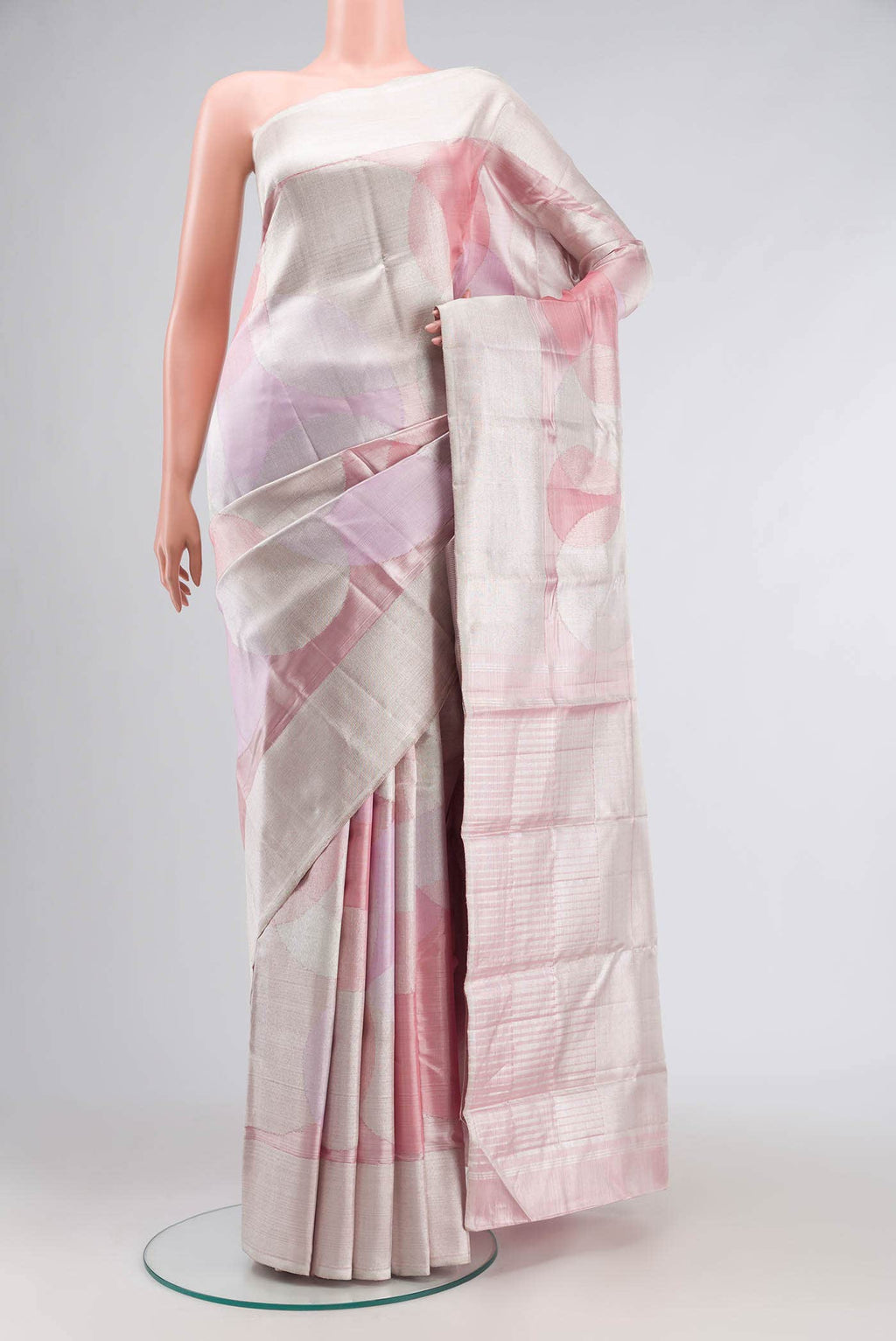 Rose Pink  with Silver Dual Tone Kanchipuram Tissue Silk Saree