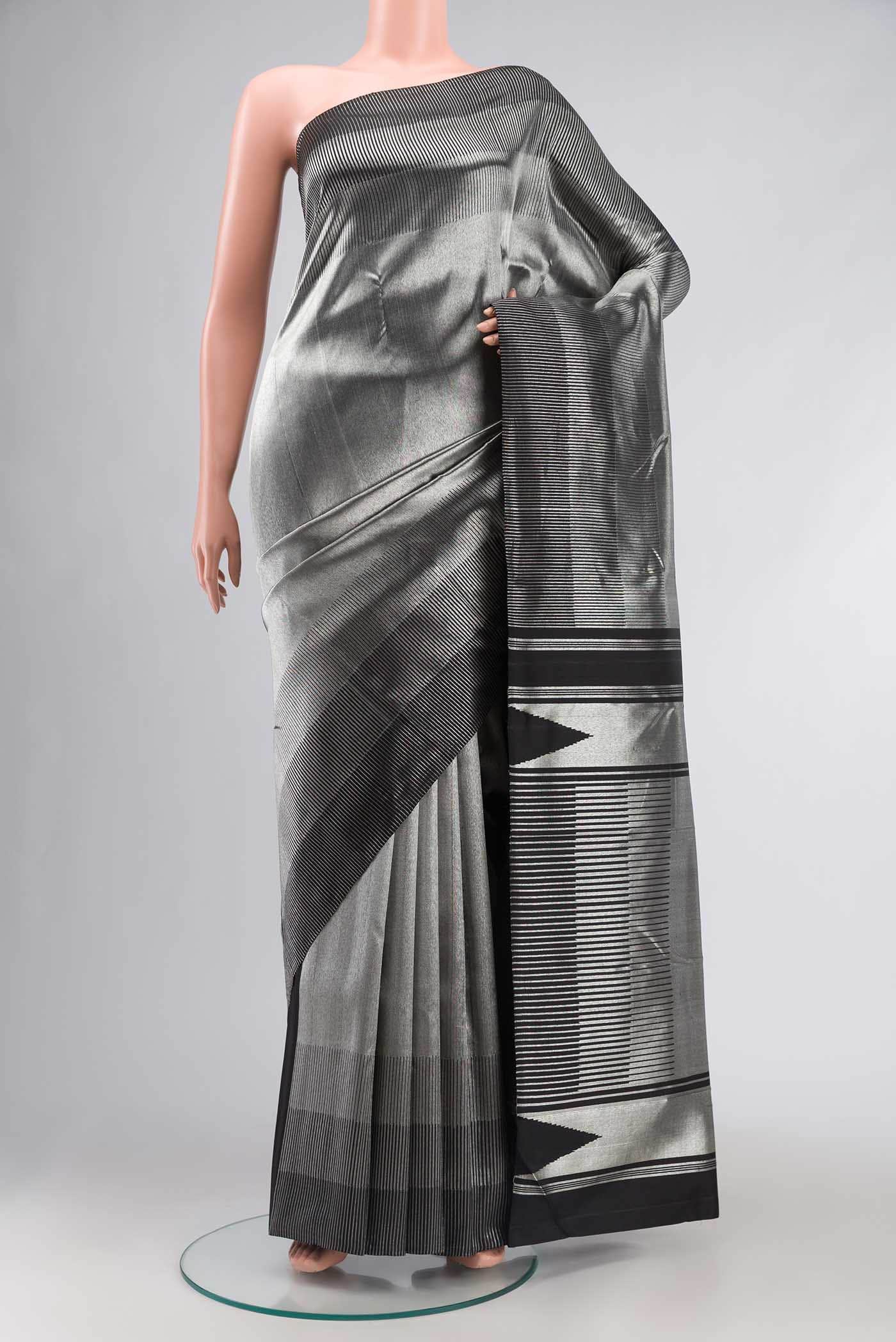 Black with Silver Dual Tone Kanchipuram Tissue Silk Saree