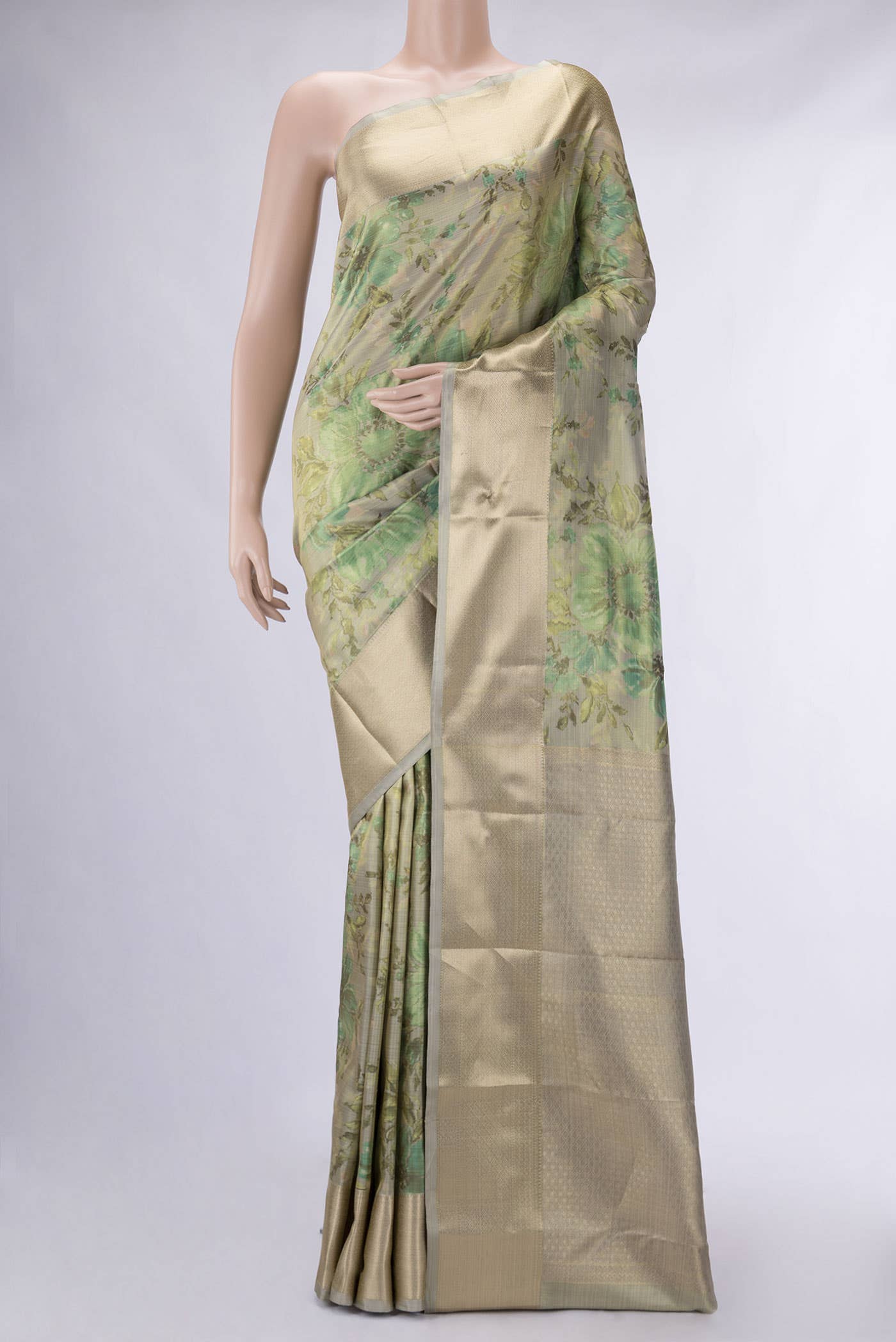 Beige Blended Kanchipuram Tissue Silk Saree