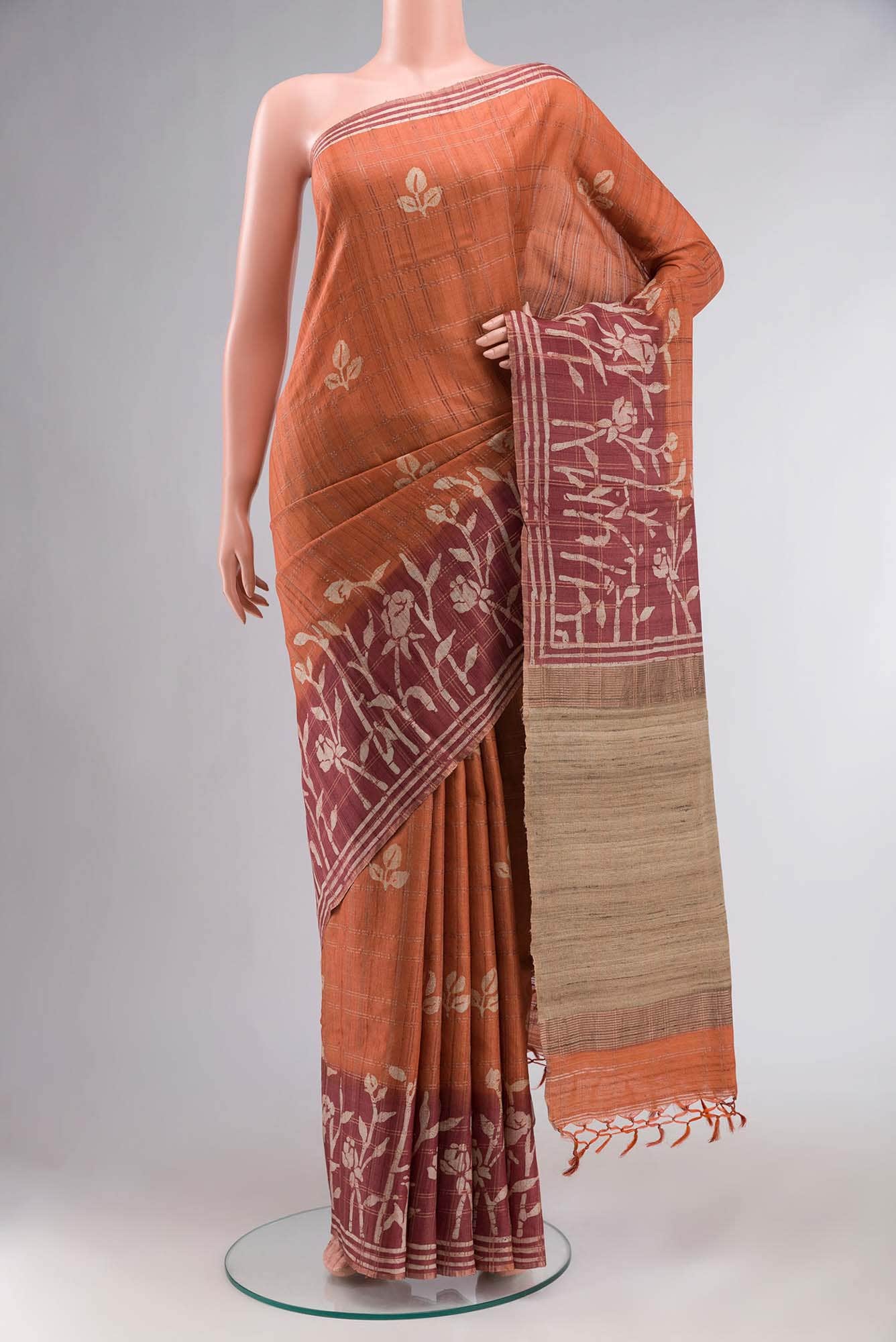 Orange Bhagalpuri Tussar Silk Saree