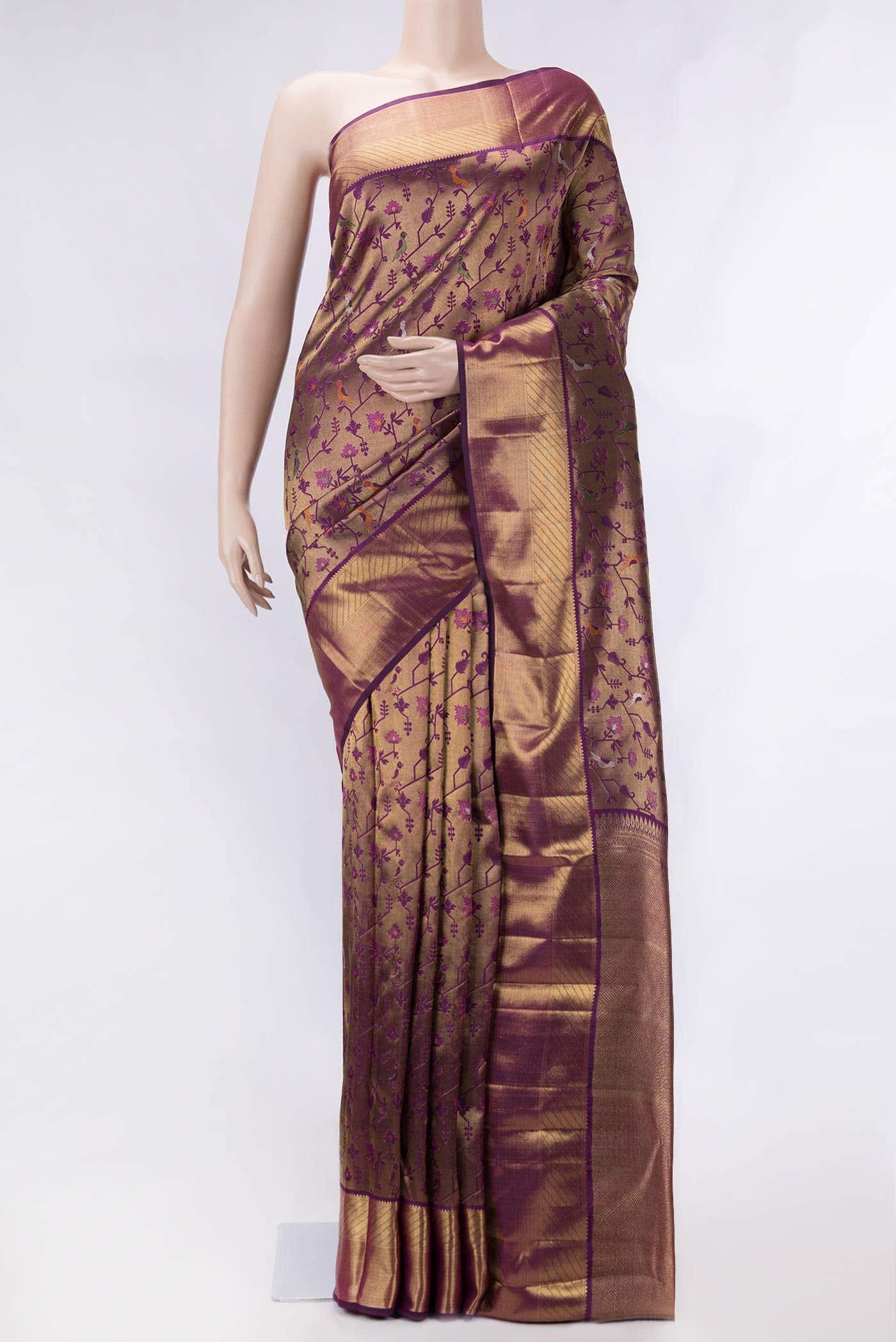 Pure Silk Pure Zari Magenta Dual Tone Kanchipuram Saree