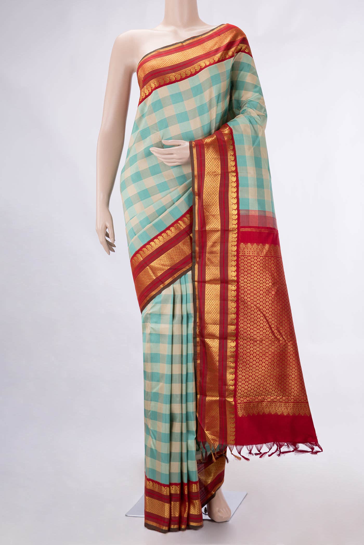 Pure Silk Pure Zari Sea Green and Sky Blue Dual Tone Kanchipuram Saree