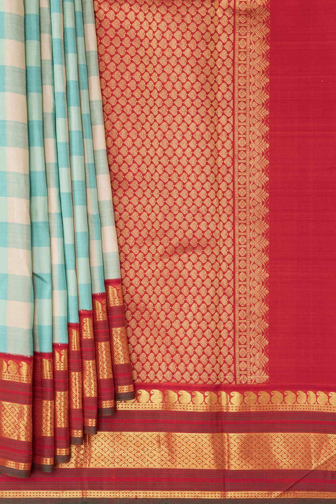 Pure Silk Pure Zari Sea Green and Sky Blue Dual Tone Kanchipuram Saree
