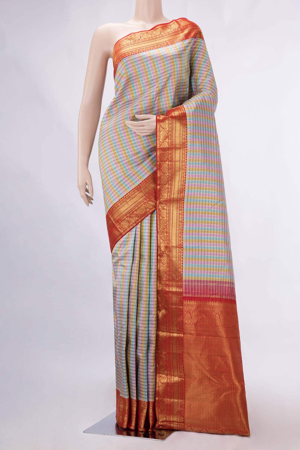 Pure Silk Pure Zari Pink, Blue and Gold Dual Tone Kanchipuram Saree