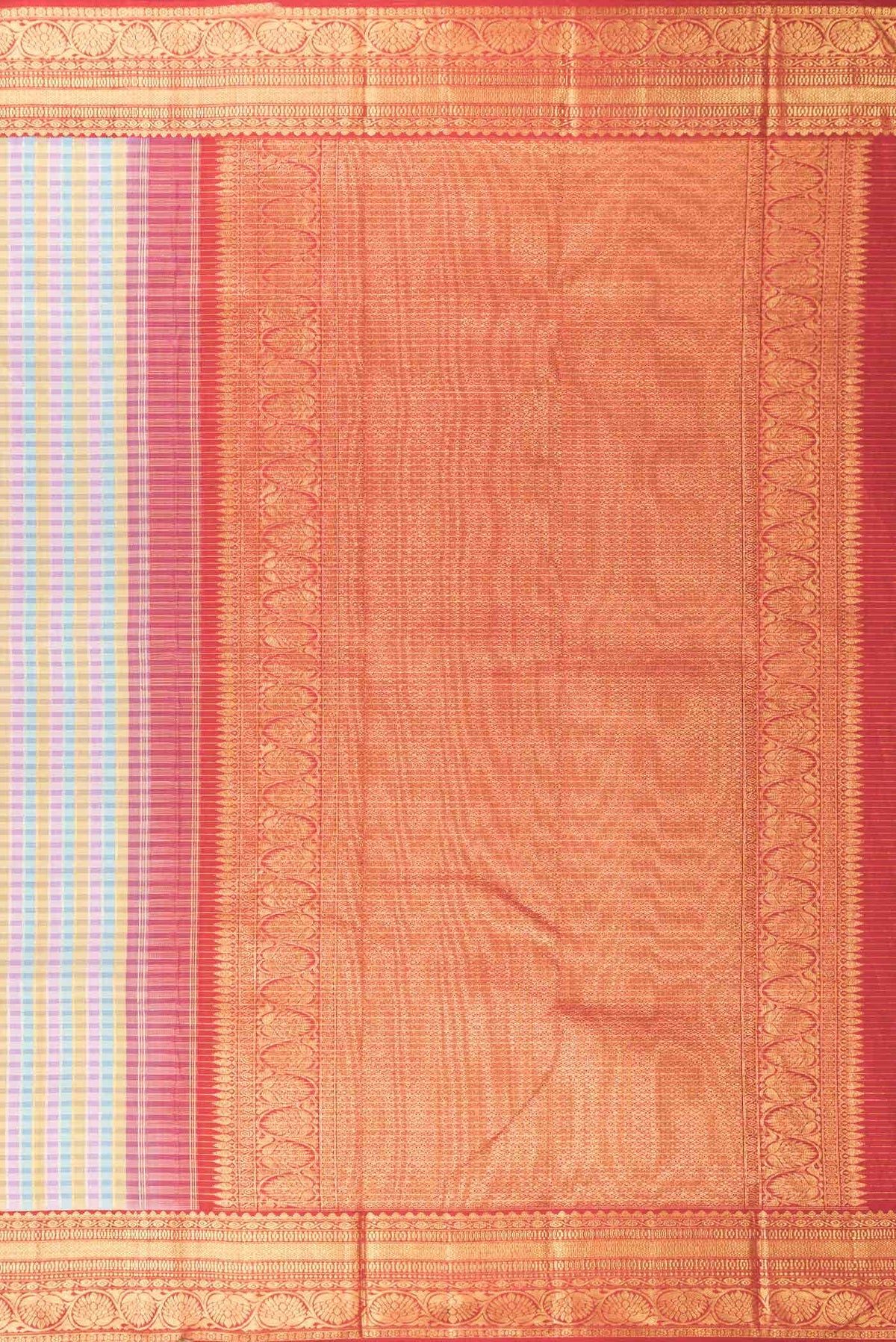 Pure Silk Pure Zari Pink, Blue and Gold Dual Tone Kanchipuram Saree