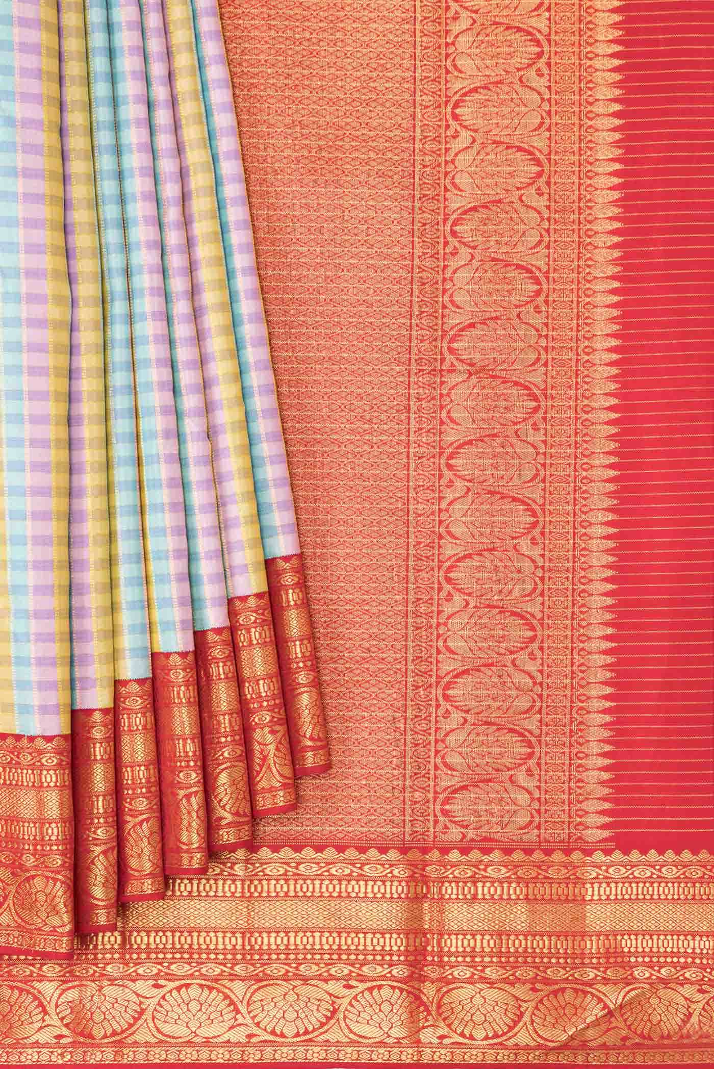 Pure Silk Pure Zari Pink, Blue and Gold Dual Tone Kanchipuram Saree