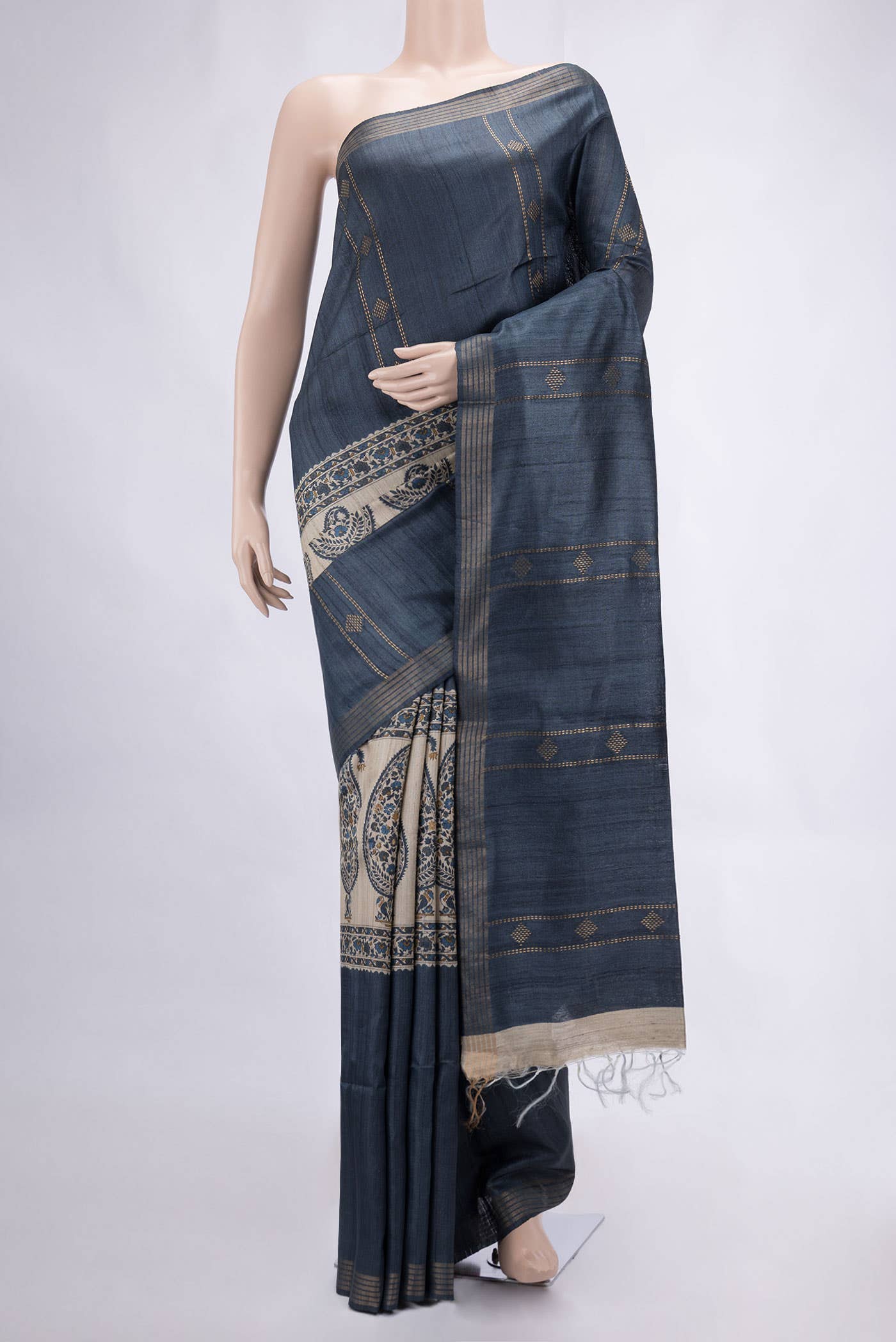 Grey Tussar Silk Saree