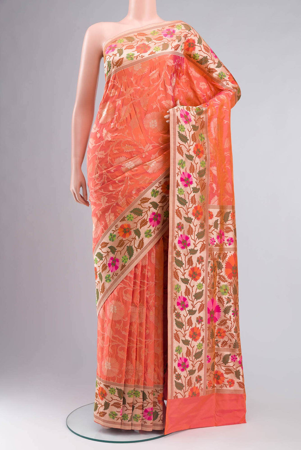 Pure Silk Pure Zari Pink With Orange Dual Tone Banarasi Saree