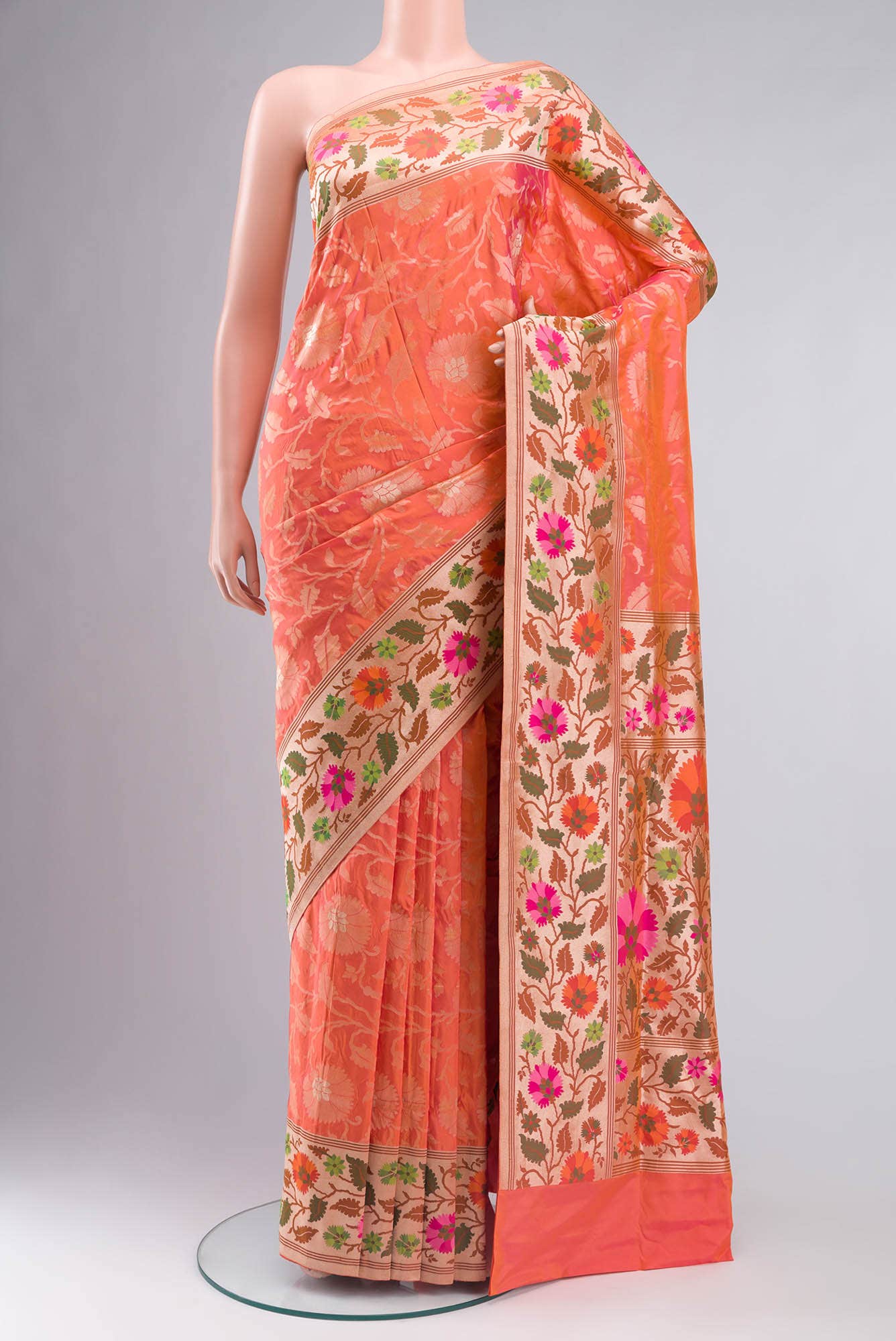 Pure Silk Pure Zari Pink With Orange Dual Tone Banarasi Saree