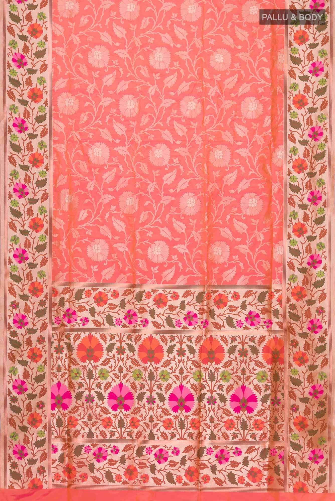Pure Silk Pure Zari Pink With Orange Dual Tone Banarasi Saree