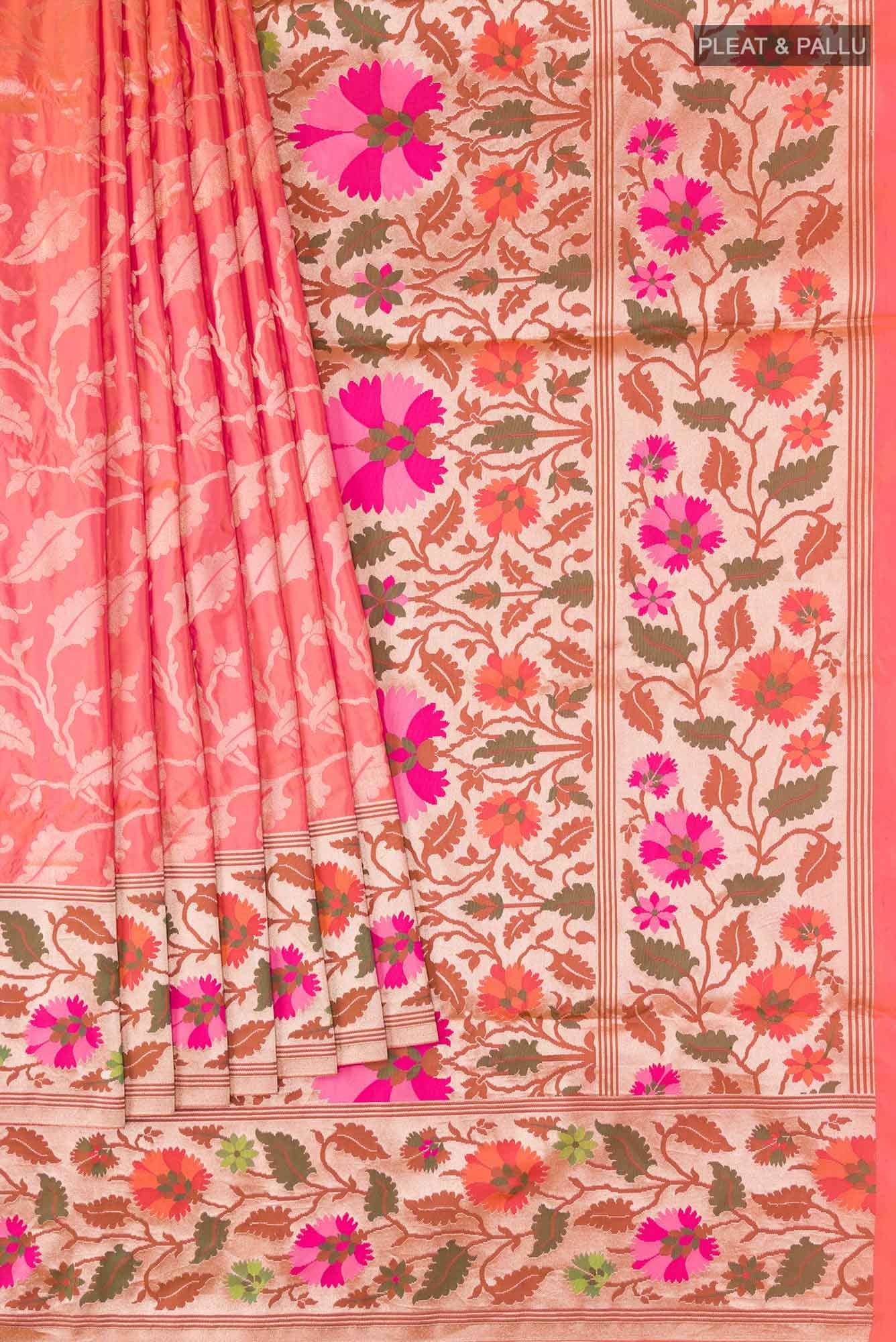 Pure Silk Pure Zari Pink With Orange Dual Tone Banarasi Saree