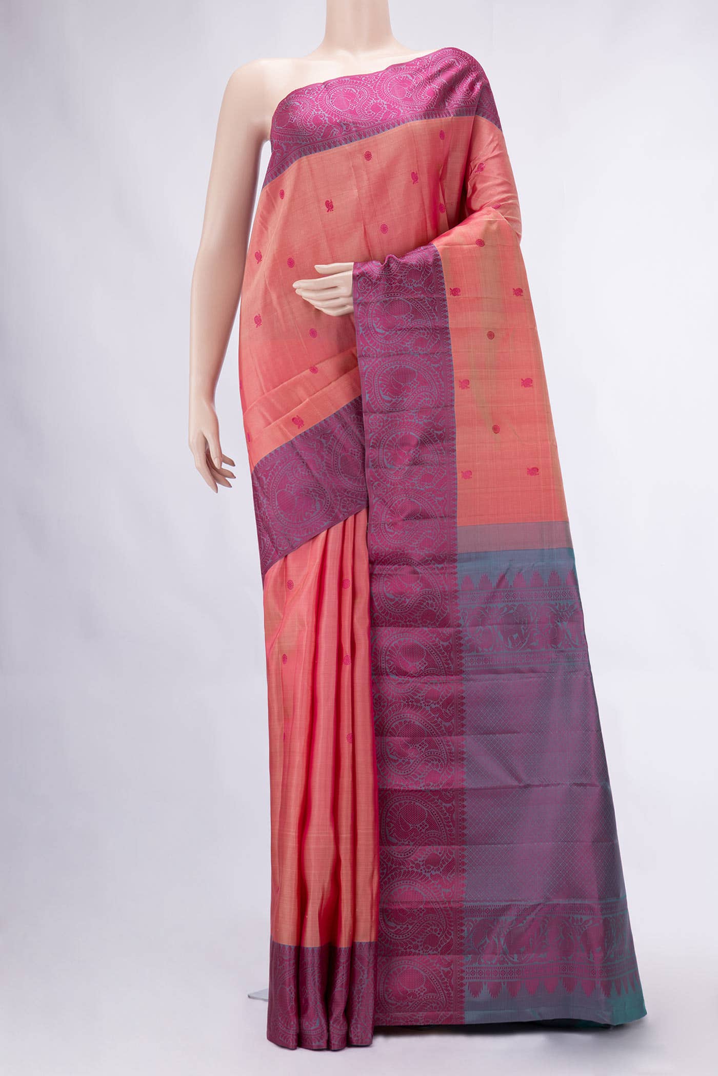 Golden Peach Dual Tone Kanchipuram Silk Saree
