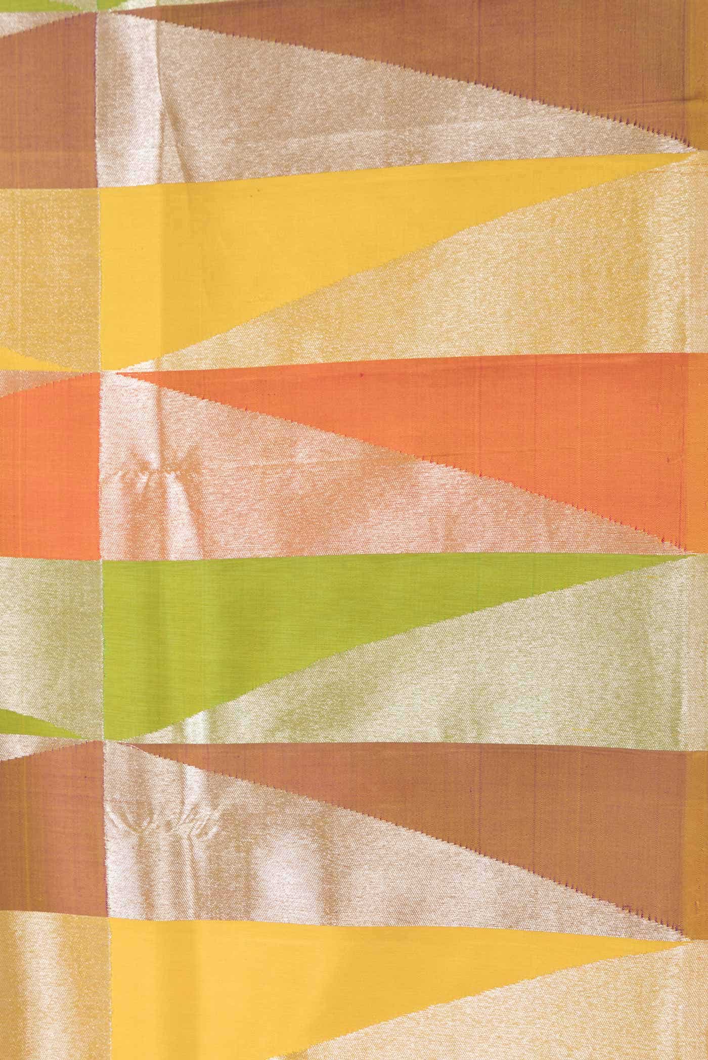 Pure Silk Pure Zari Parrot Green Orange and Yellow Dual Tone Kanchipuram Saree