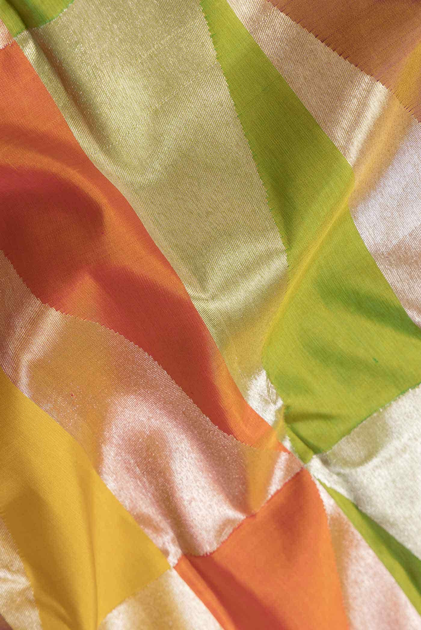 Pure Silk Pure Zari Parrot Green Orange and Yellow Dual Tone Kanchipuram Saree