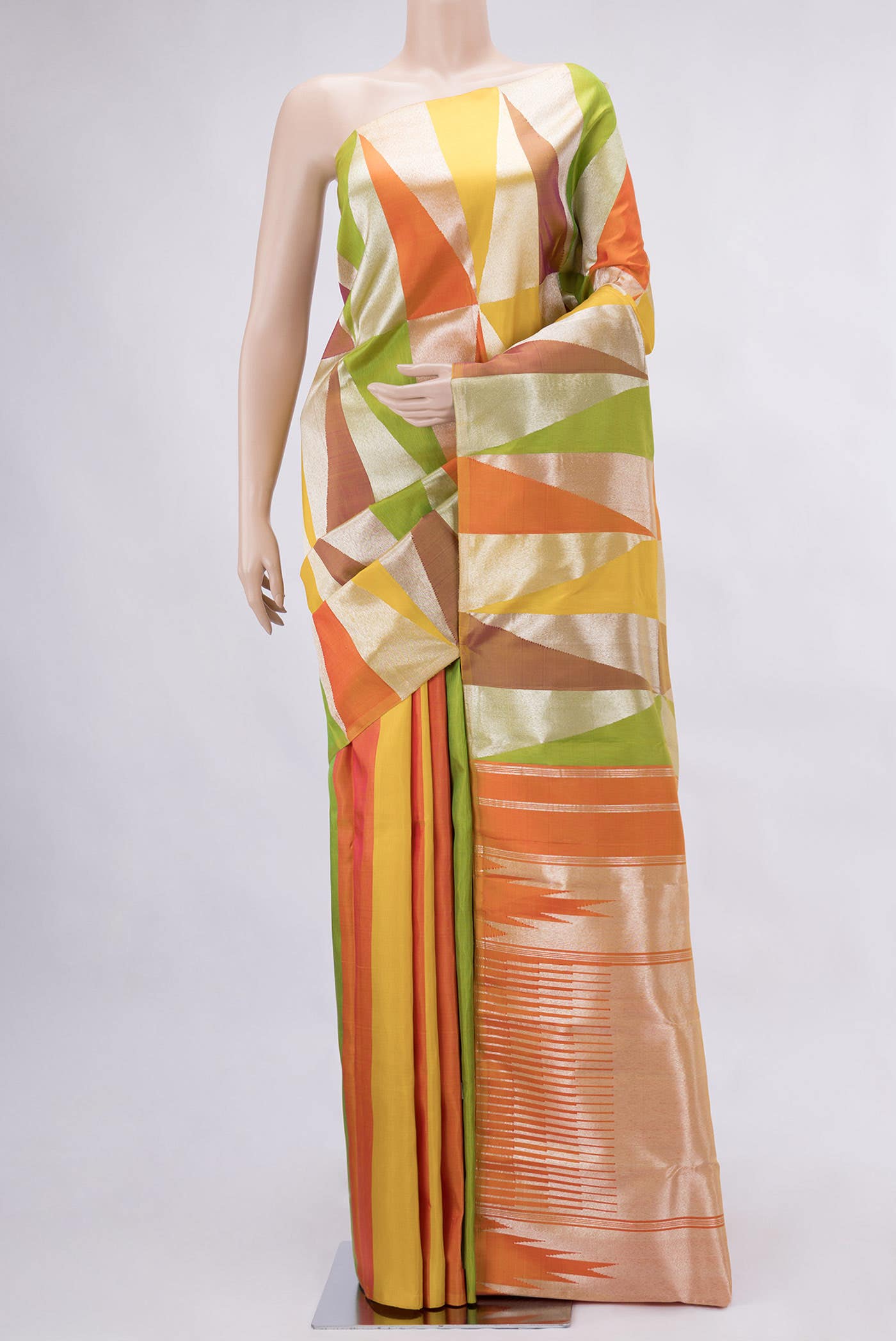 Pure Silk Pure Zari Parrot Green Orange and Yellow Dual Tone Kanchipuram Saree