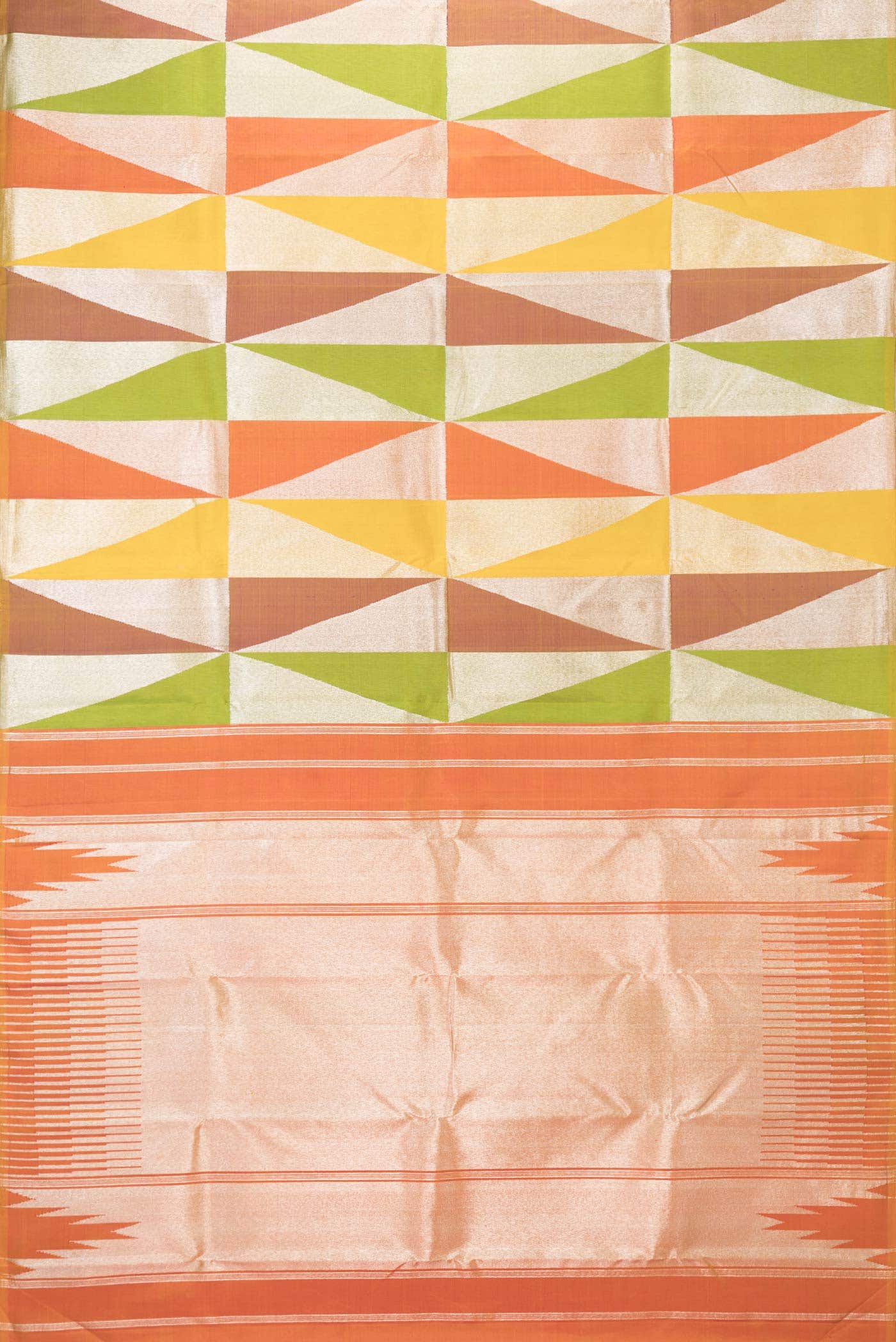 Pure Silk Pure Zari Parrot Green Orange and Yellow Dual Tone Kanchipuram Saree