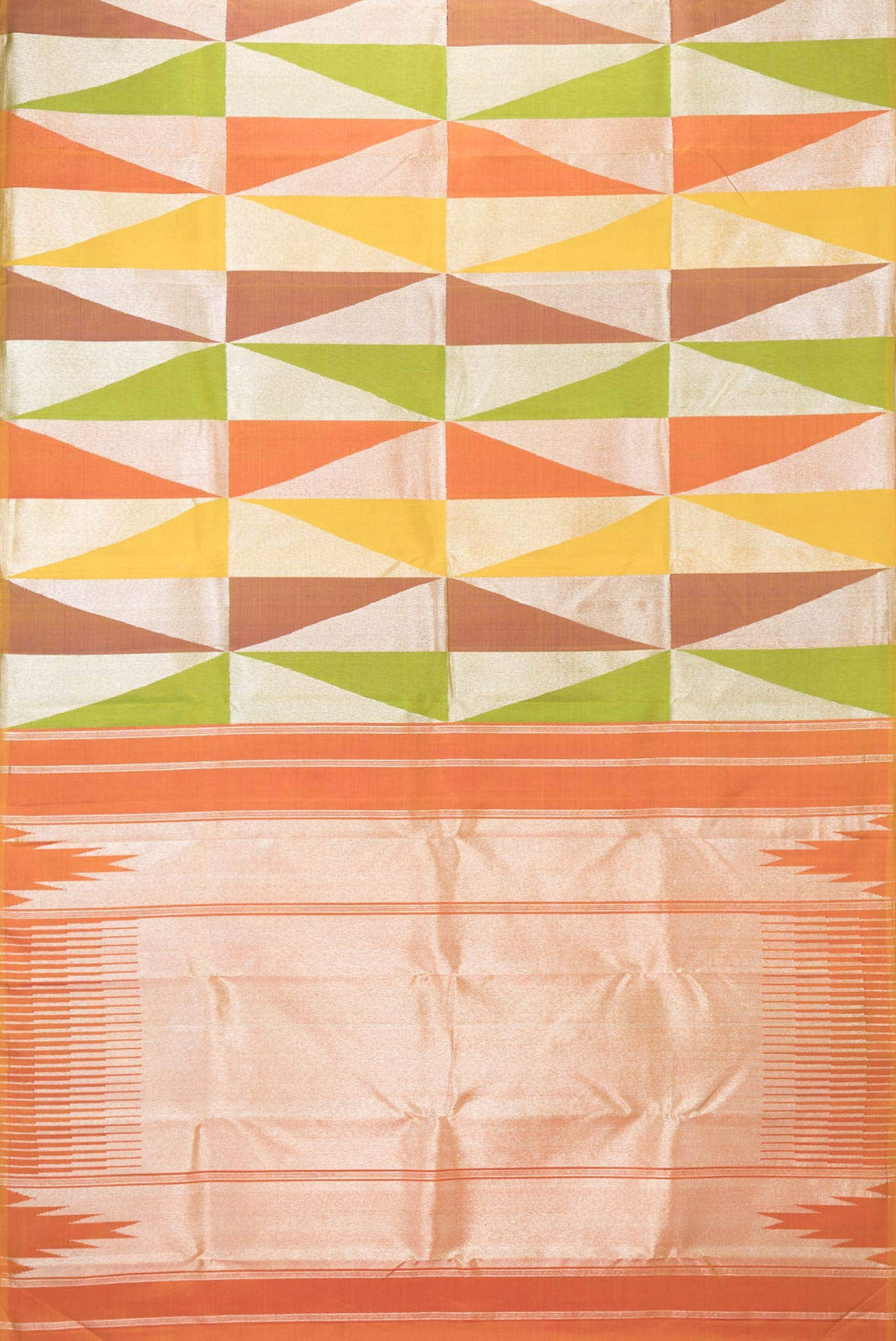 Pure Silk Pure Zari Parrot Green Orange and Yellow Dual Tone Kanchipuram Saree