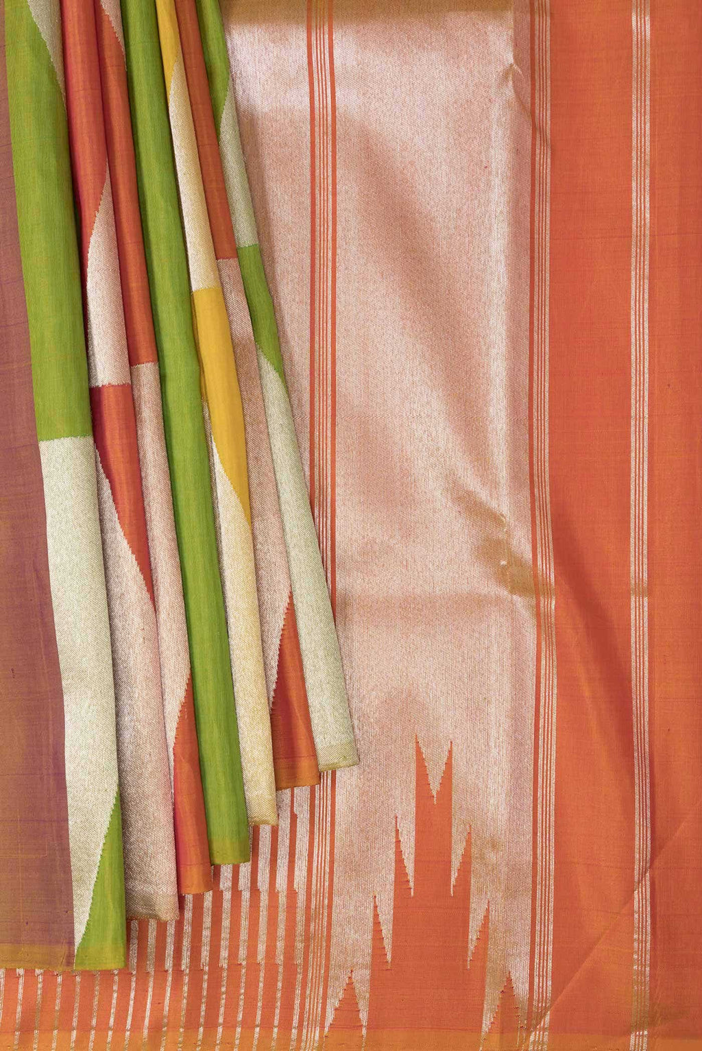 Pure Silk Pure Zari Parrot Green Orange and Yellow Dual Tone Kanchipuram Saree