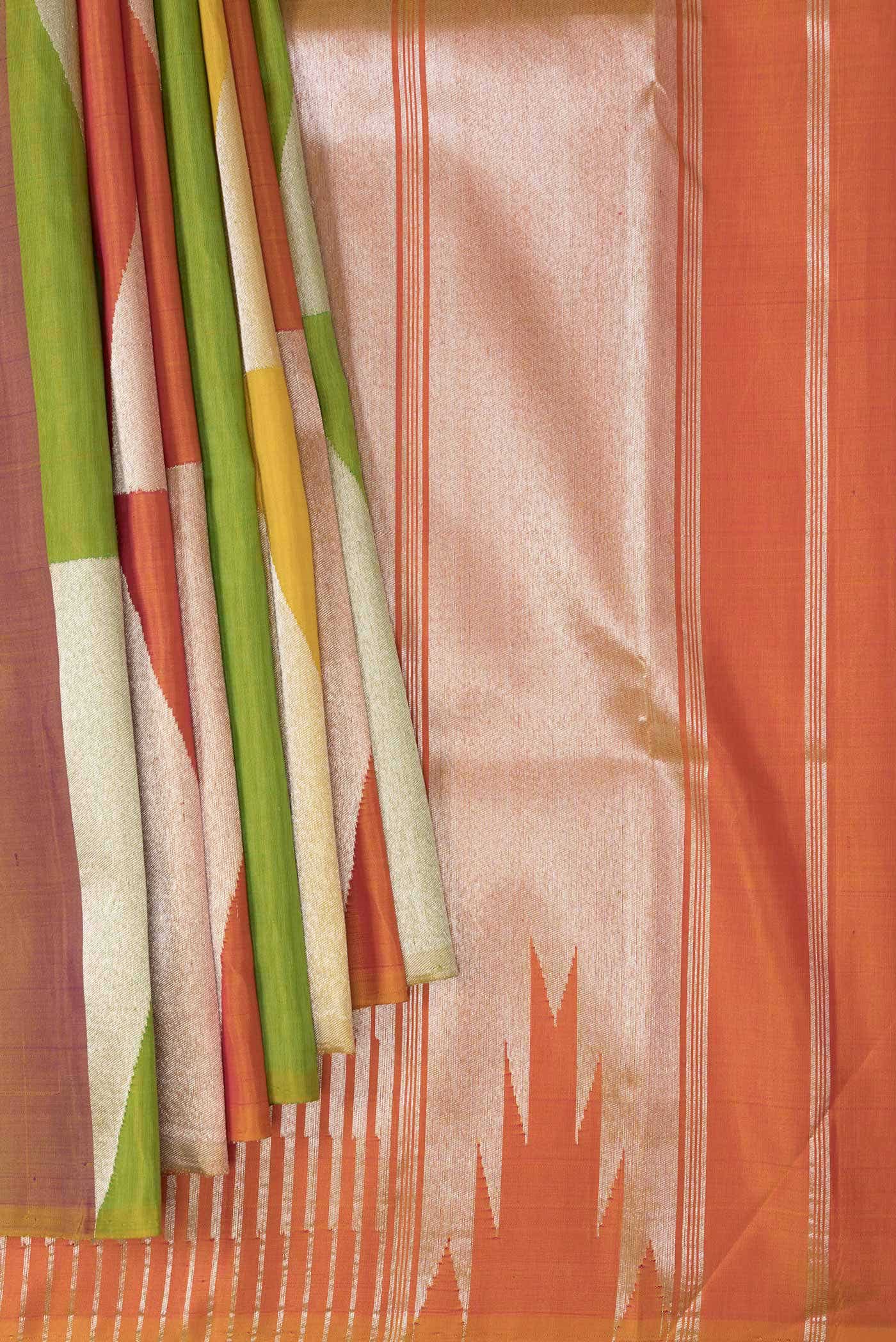 Pure Silk Pure Zari Parrot Green Orange and Yellow Dual Tone Kanchipuram Saree