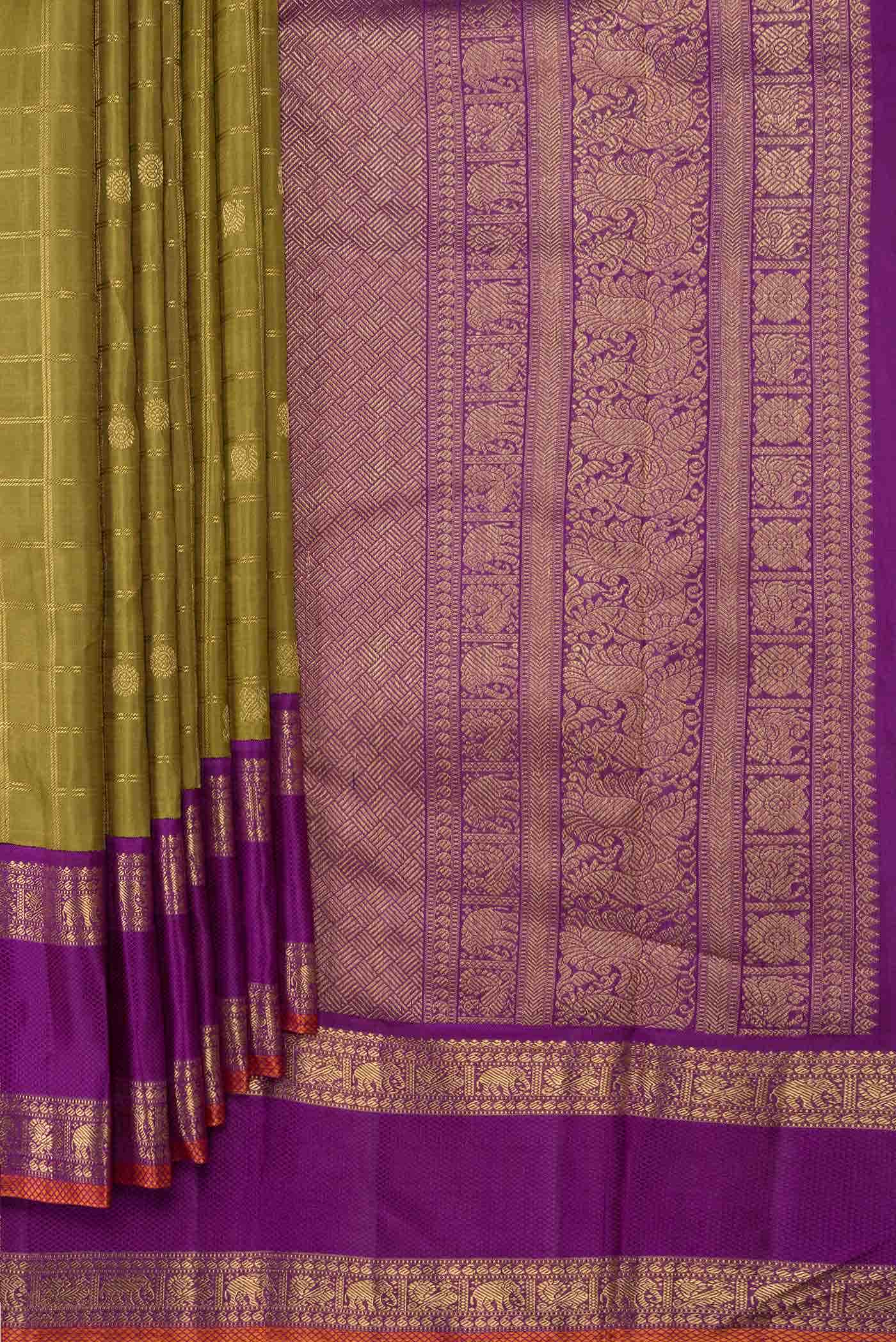 Pure Silk Pure Zari Mehandi Green Dual Tone Kanchipuram Saree