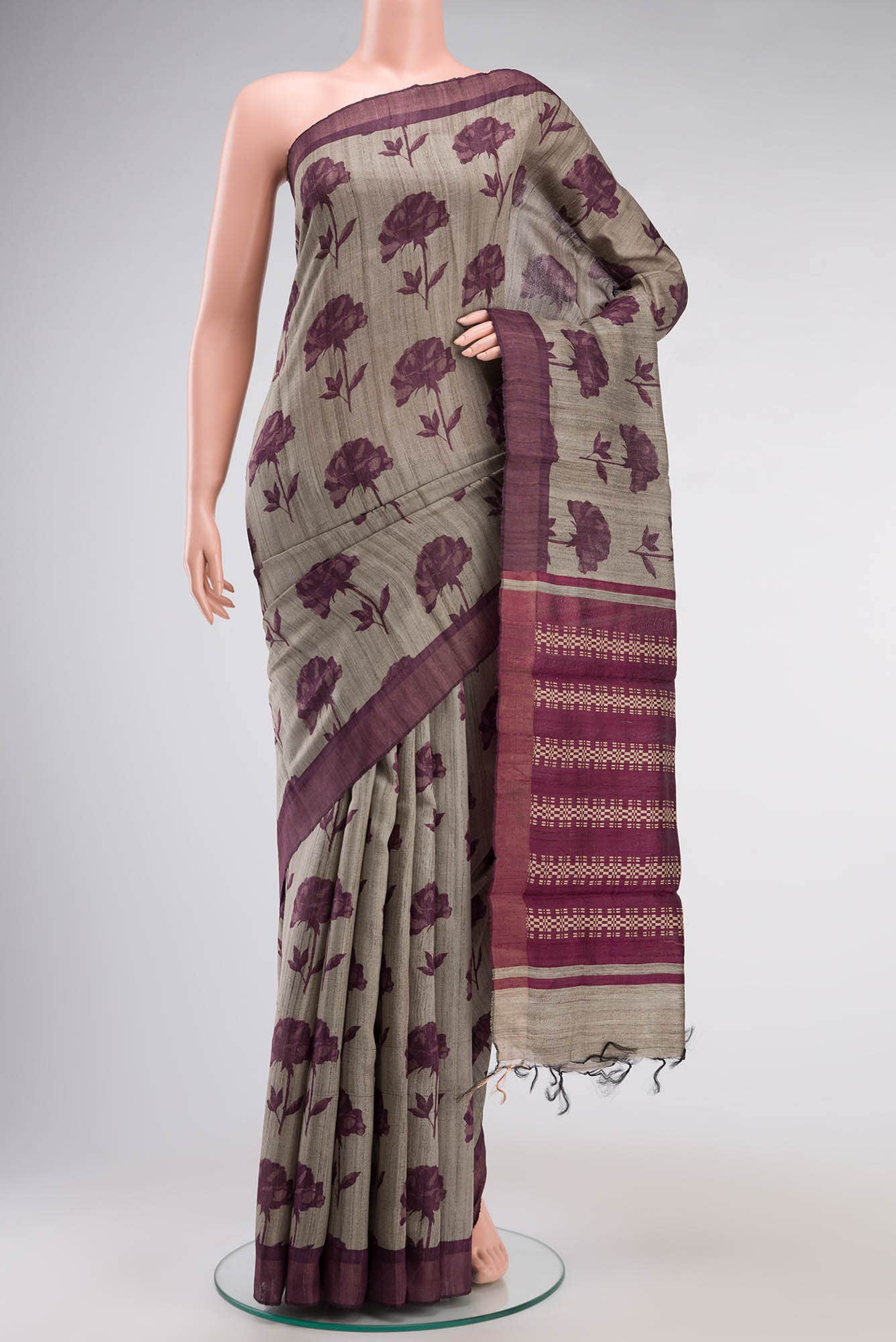 Grey Bhagalpuri Tussar Silk Saree