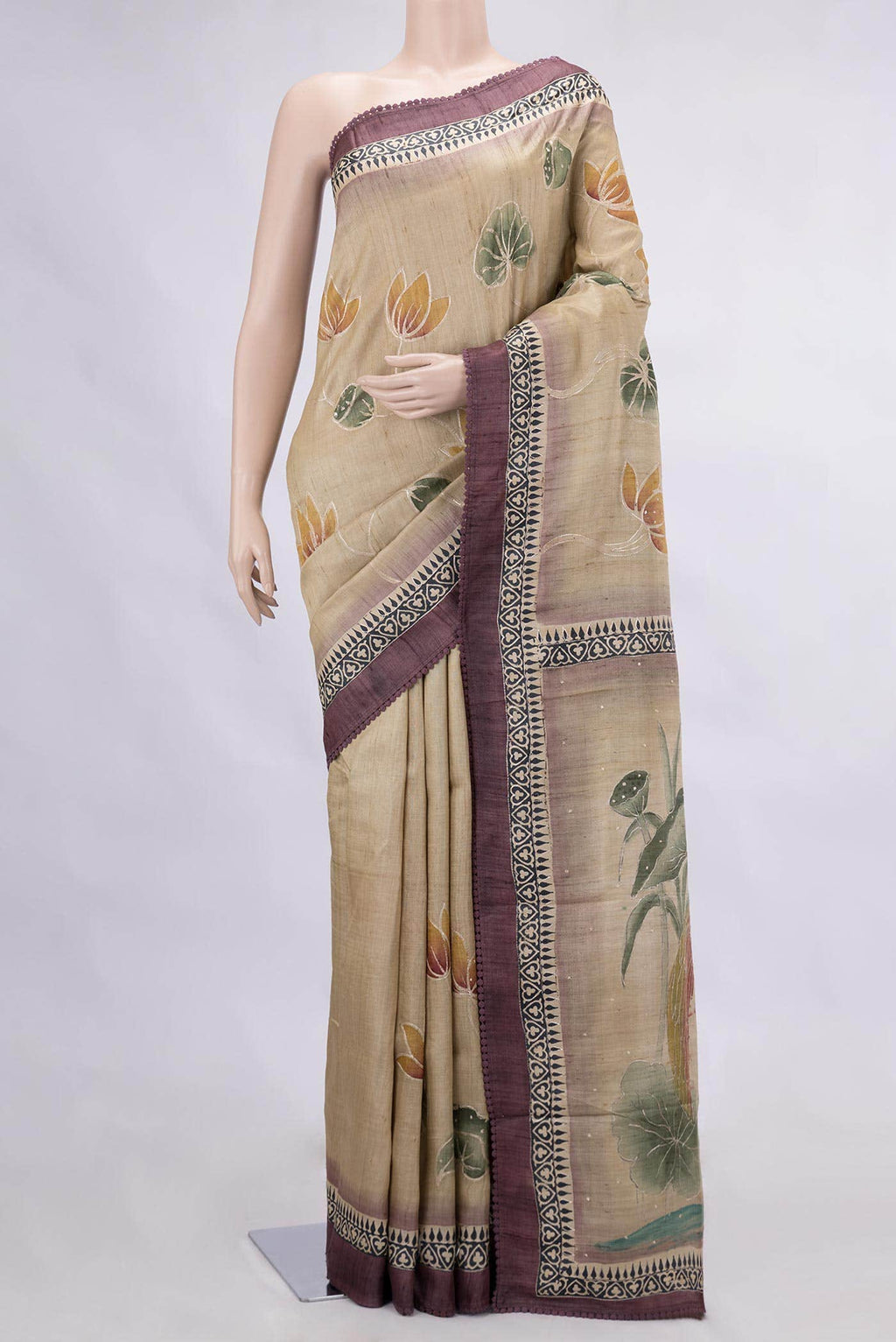 Beige Tussar Silk Saree