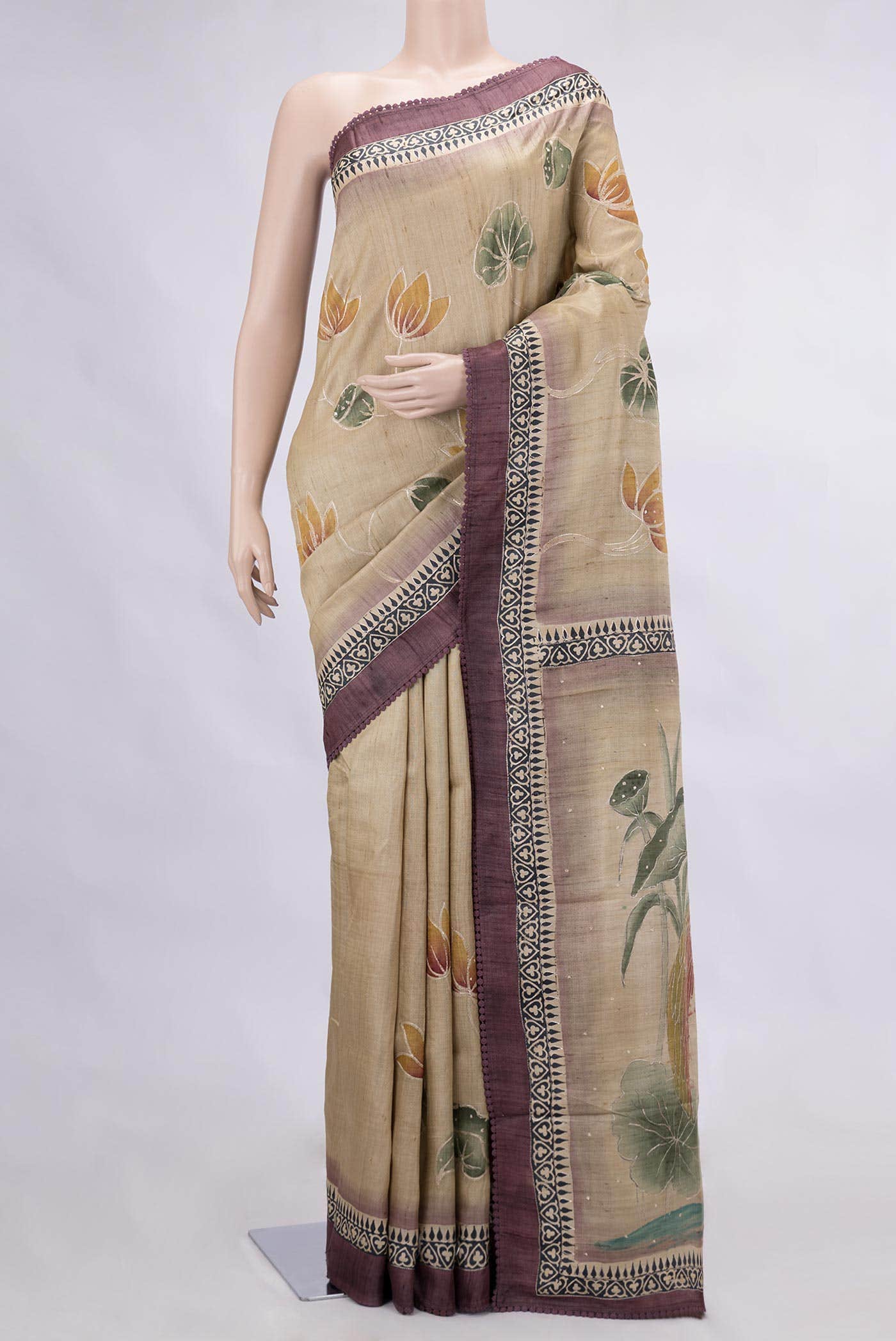 Beige Tussar Silk Saree