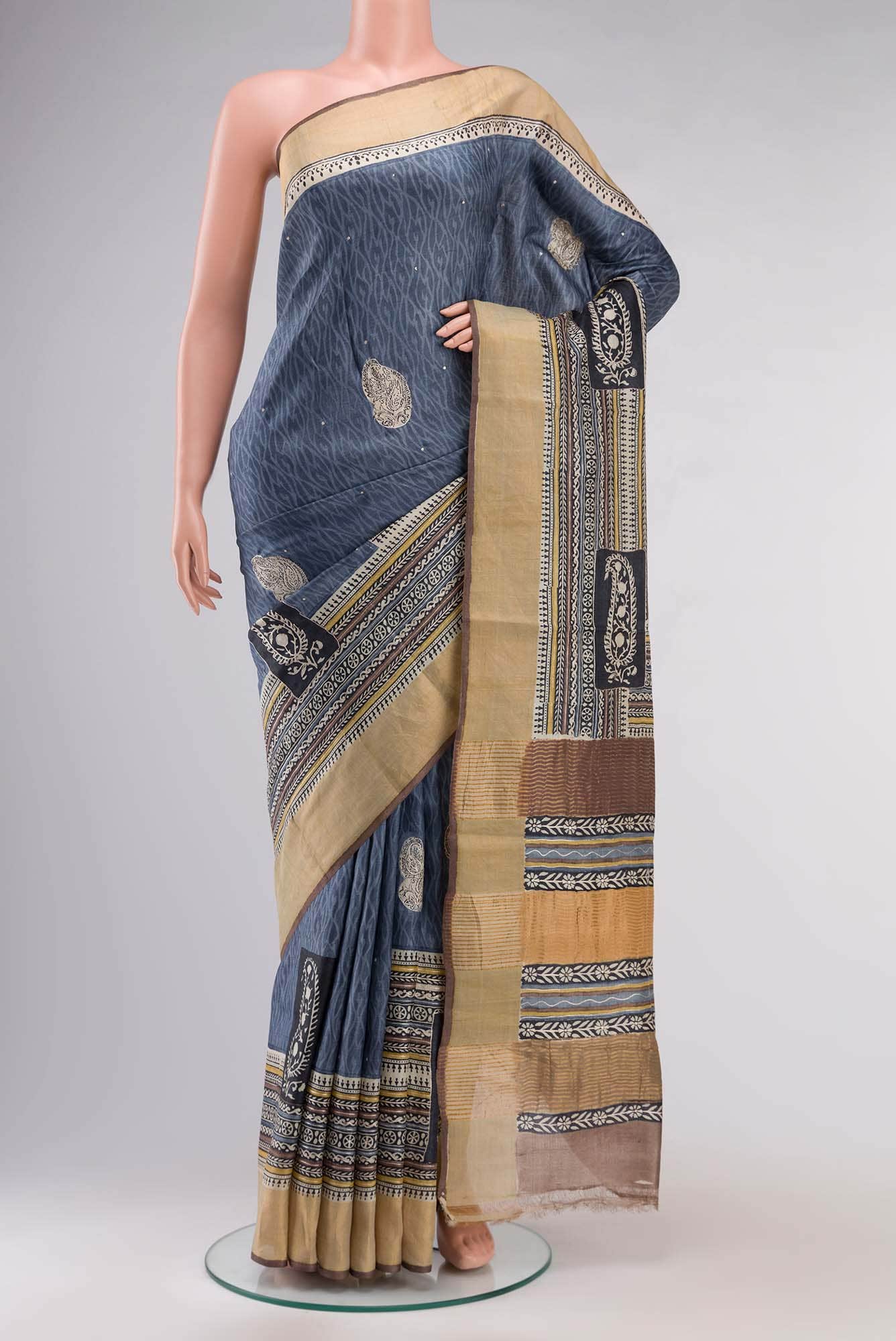Blue Grey Bhagalpuri Tussar Silk Saree