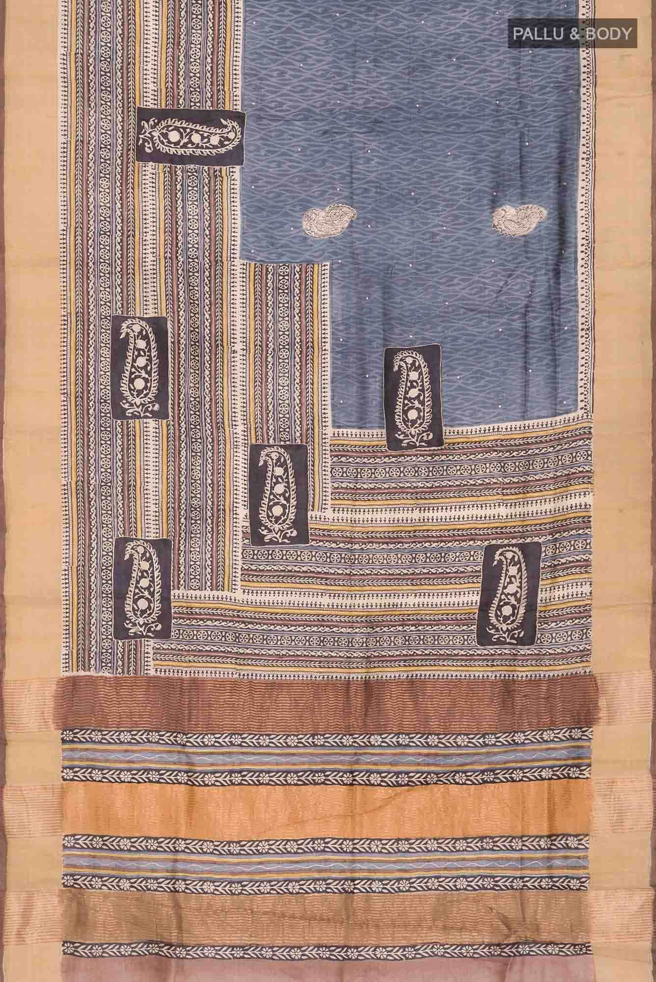 Blue Grey Bhagalpuri Tussar Silk Saree