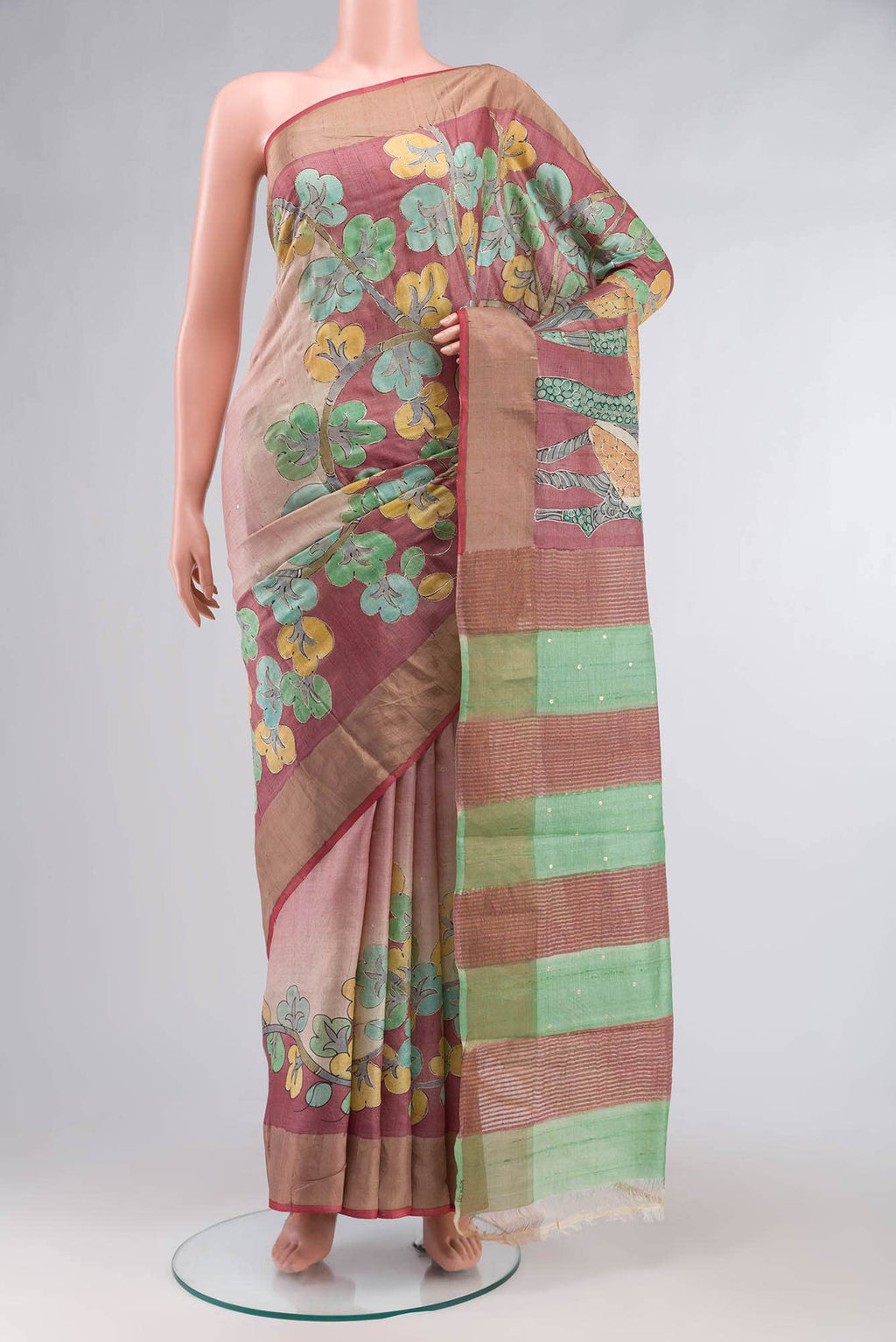 Coral Bhagalpuri Tussar Silk Saree